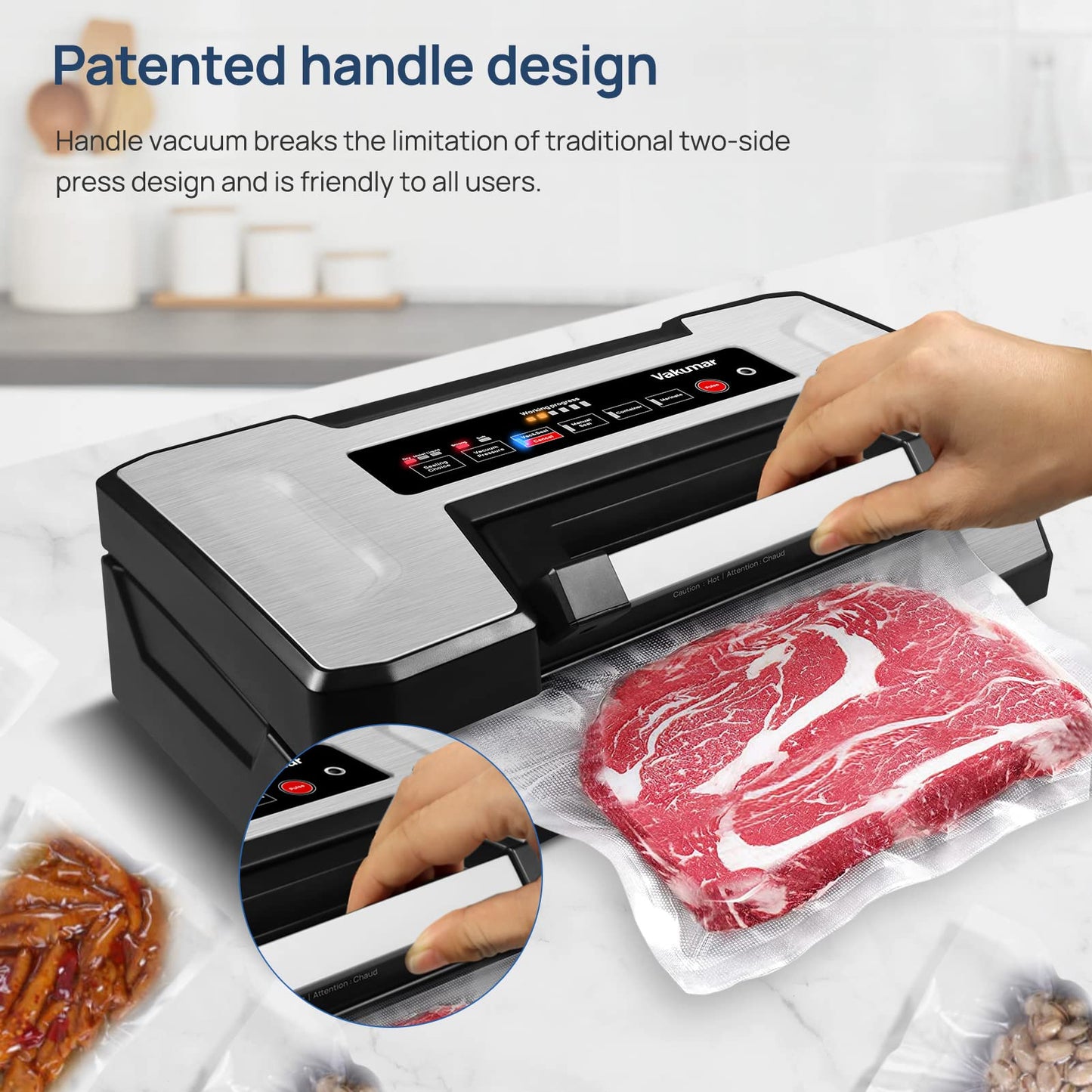 Vakumar Vacuum Sealer Machine, 90Kpa Liquid Food Vacuum Sealer Machine Preservation Dry/Moist/Liquid Modes, LED Indicator Light, Handle Locked Design, Built-in Cutter and Bag Storage, Starter Kit