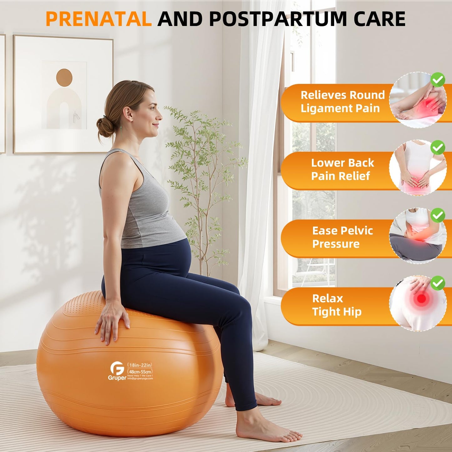 Gruper Yoga Ball, Extra Thick Non Slip Exercise Ball for Workout, Birthing, Balance, Stability, Pregnancy, 4 Sizes Anti Burst Chair for Home and Office, Includes Quick Pump & Fitness Guide