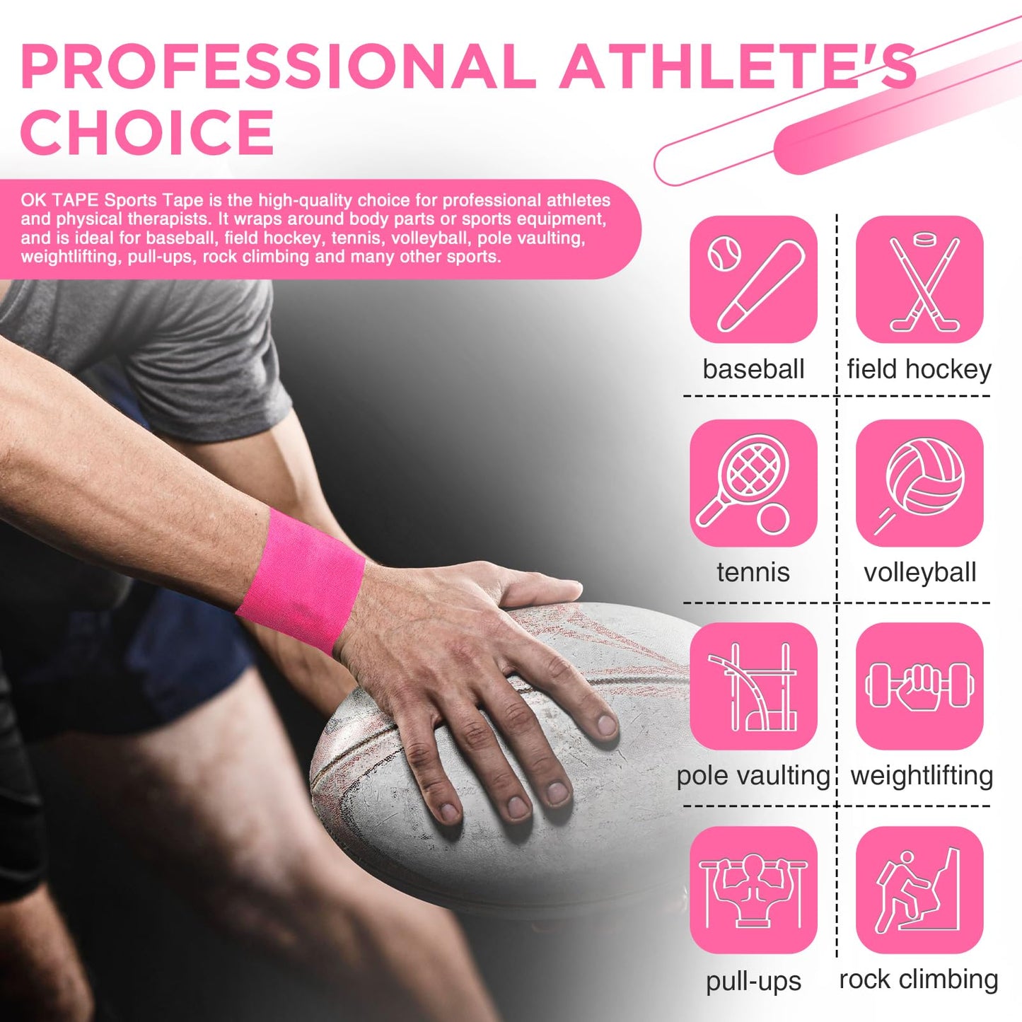 OK TAPE Athletic Sports Tape（4 Packs) Pink- 32.8ft Per Roll Athletic Tape for Injuries,Strong Stick No Residue Athlete & Sport Trainers First Aid Injury Wrap, Hockey Stick