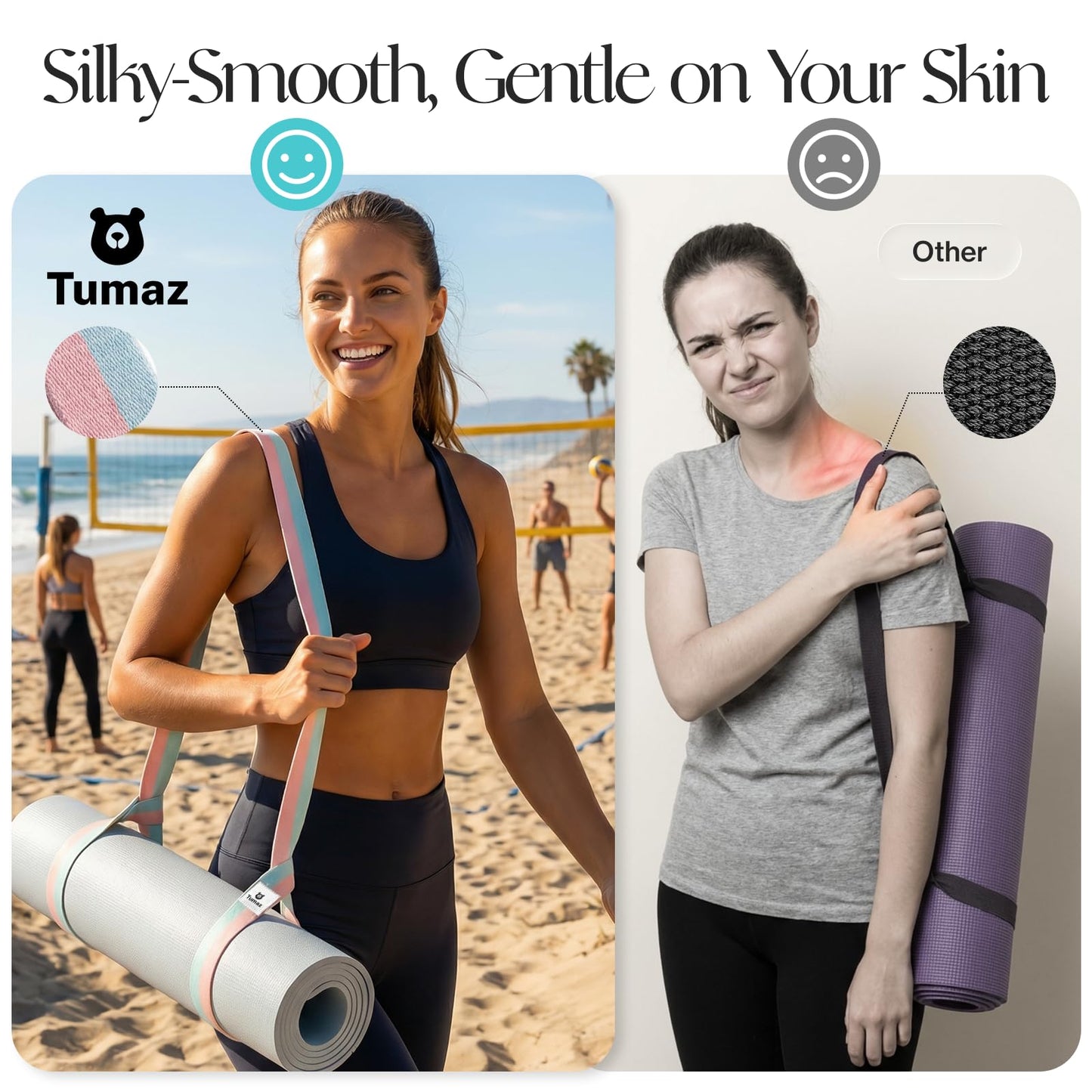 Tumaz Yoga Mat Strap (2 Sizes) with Extra Thick & Comfy Delicate Texture, Adjustable Yoga Mat Carrier