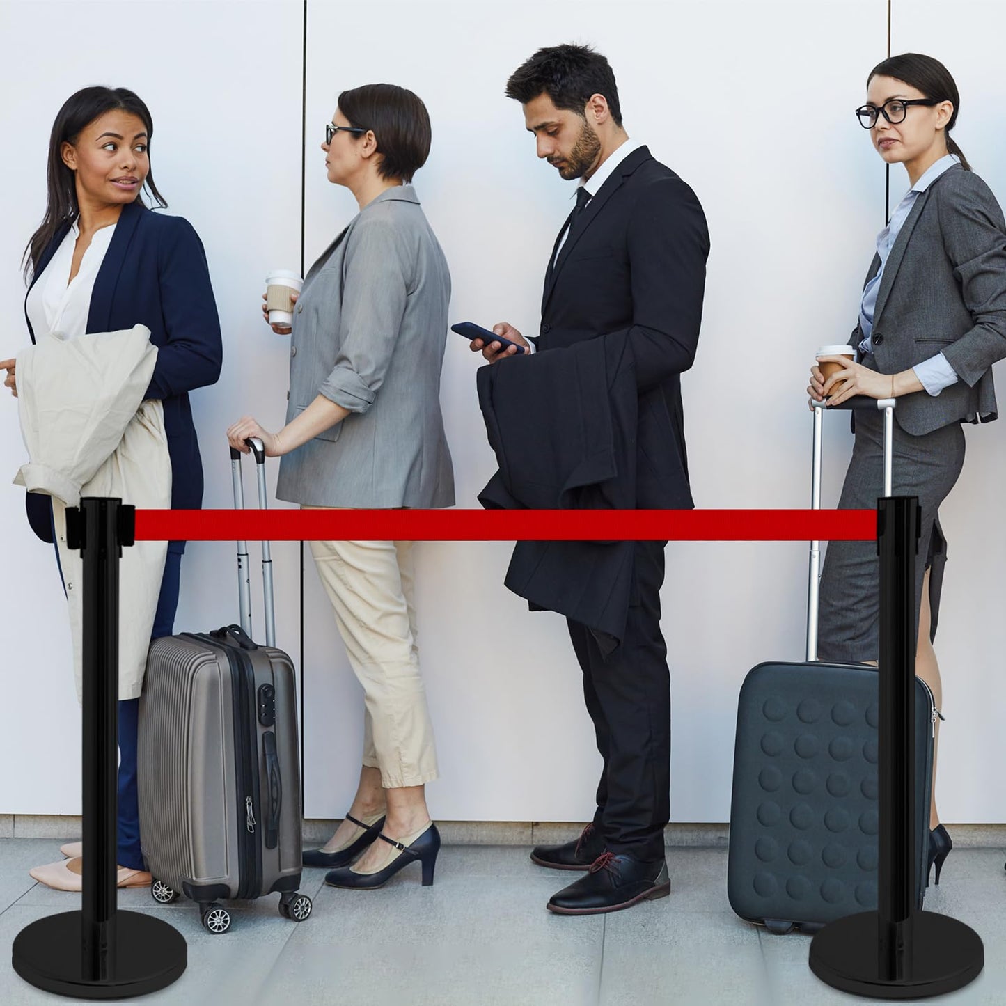 Ferraycle 4 Sets Stanchions with Retractable Belts in 6.6 ft Stainless Steel Crowd Control Stanchion Retractable Belt Barrier Line Dividers for Crowds Queue Line Pole, Easy Assembly (Red Belt)