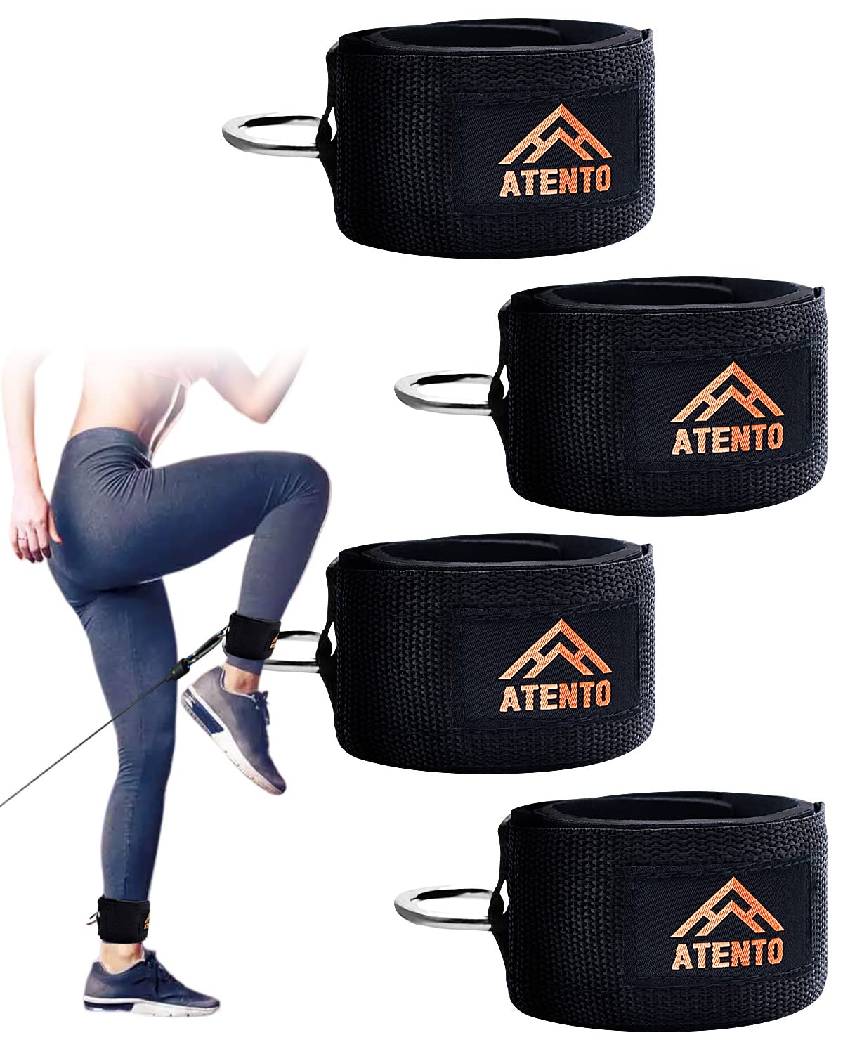 ATENTO 2 Pairs Ankle Strap for Cable Machine, Comfortable Padded Ankle Wrist Cuffs for Kickbacks, Glutes Workout & Lower Body Exercises, Adjustable & Breathable Ankle Straps for Women & Men (Black)