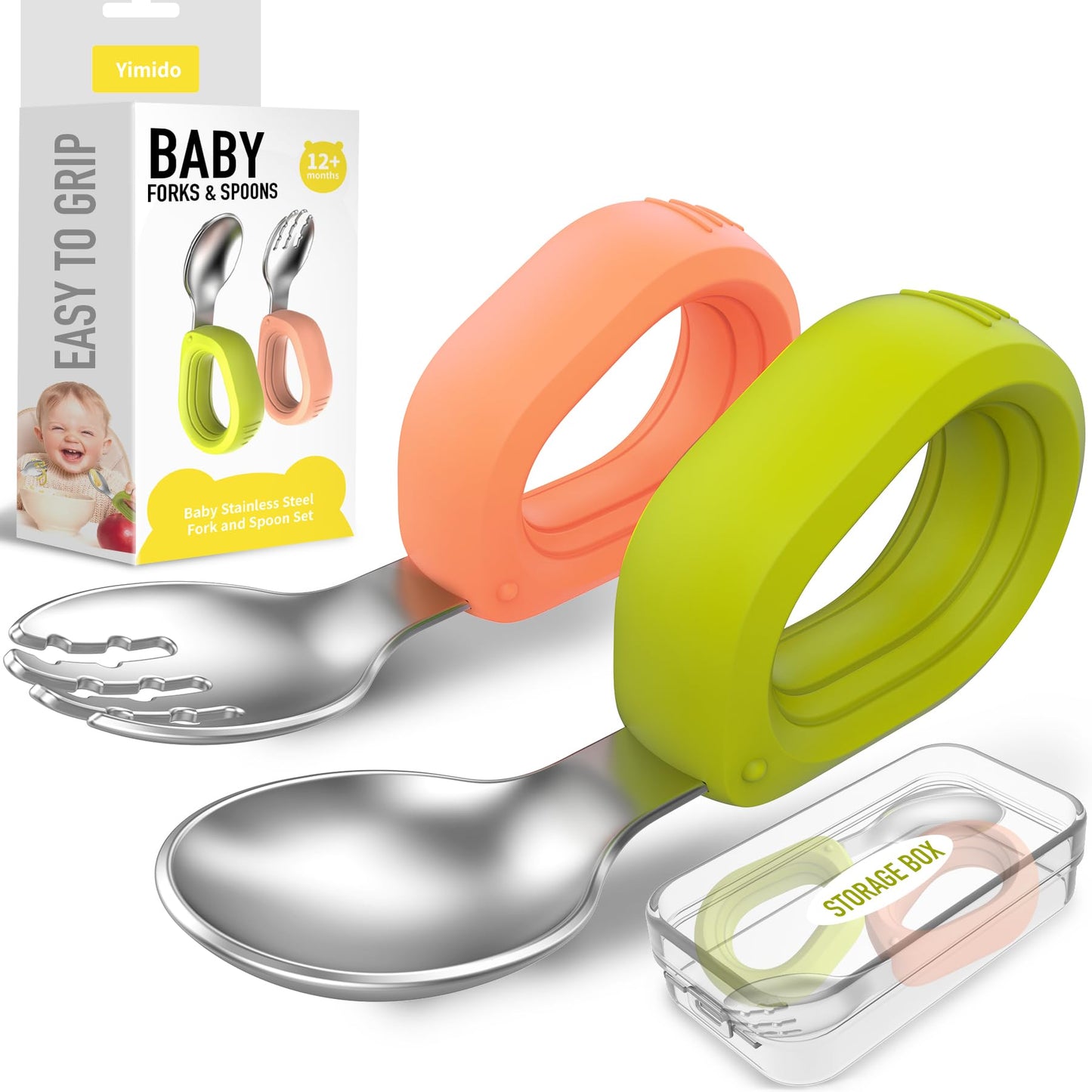 Yimido Toddler Utensils - Baby Forks and Spoons Set - Kids Stainless Steel Silverware - Children Safe - Self Feeding - Dishwasher Safe (Orange + Green)