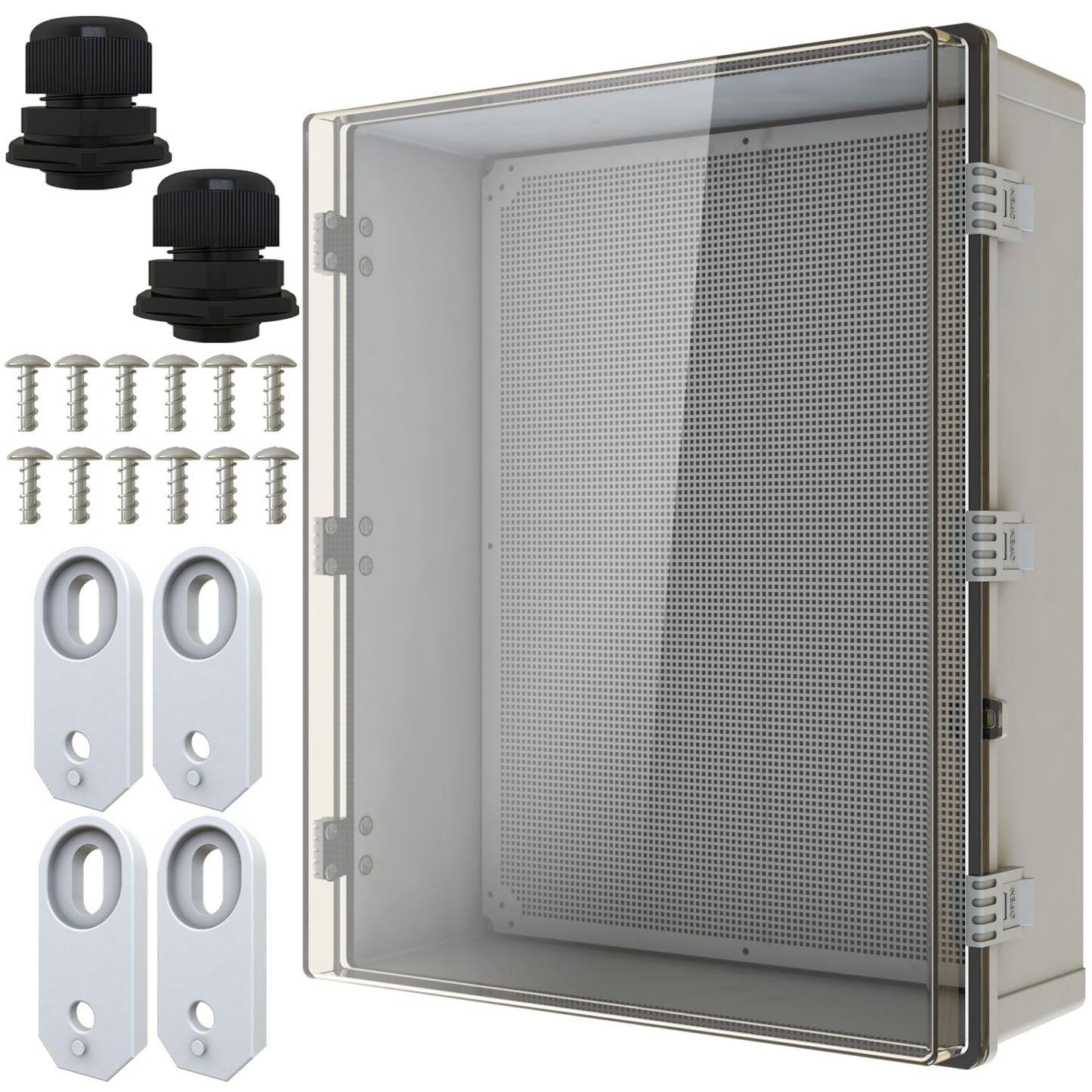 MAKERELE Extra Large Outdoor Electrical Box Waterproof IP67 large Junction Box 2 NPT 1”Glands and Adjustable Clamp*2 Hinged Cover Waterproof Clear Box (23.6"*19.7"*8.7")