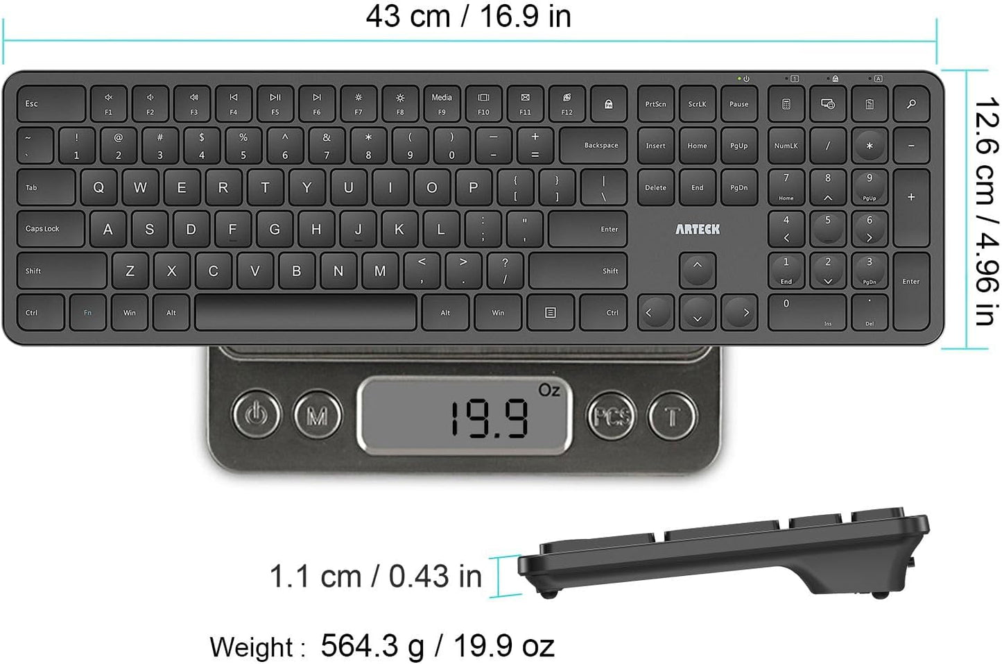 Arteck 2.4G 11/10 USB Wireless Keyboard Ultra Slim Full Size Keyboard with Numeric Keypad and Media Hotkey
