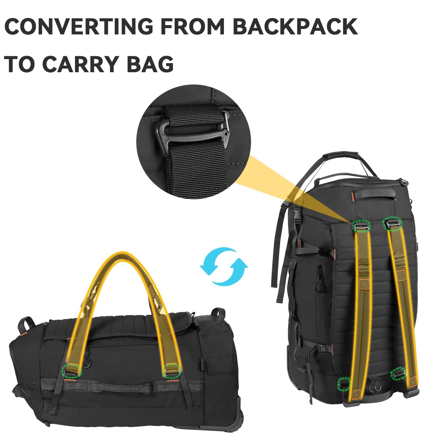 Vrtisa 85L 29“ Foldable Rolling Backpack with Wheels, Soft-side Travel Duffle Bag with Separate Shoe Compartment, Full Quilted Bottom,Black