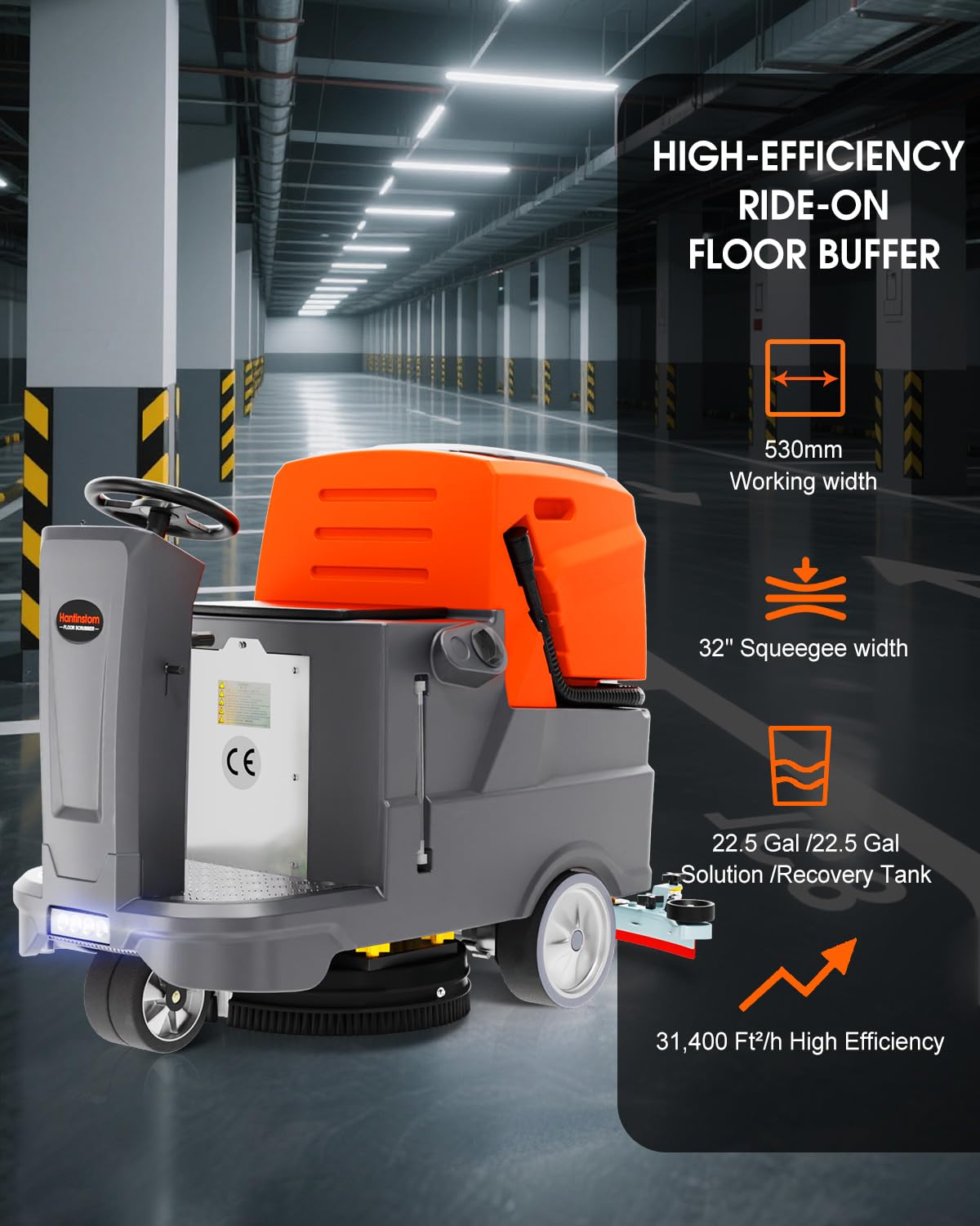 HANTINSTOM Ride-on Commercial Floor Scrubber with 20" Ultra-Wide Scrubbing Path,High-pressure Watergun，LED Light,22.5 Gal Large Solution Tank,3 Hours Wireless Working Time, 31,400 Sqft/h