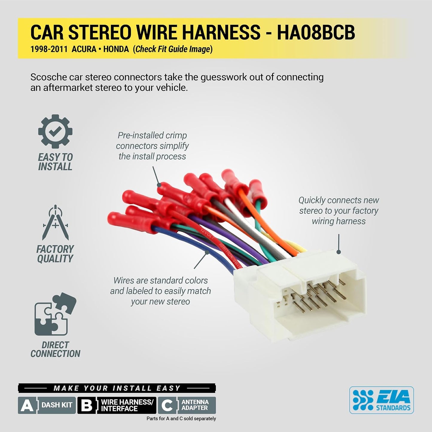 HA08BCB 1998-11 Scosche Aftermarket Radio Wiring Harness with Crimp Connectors for Select Acura and Honda - Aftermarket