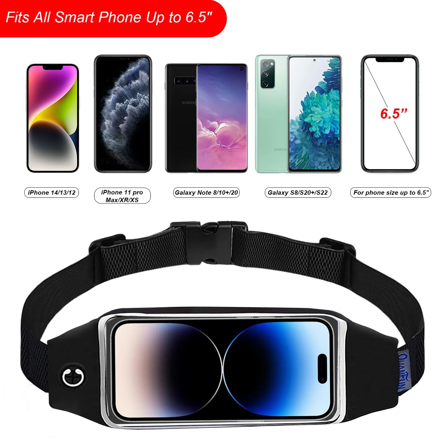 QUANFUN Running Belt for Women Men, Fanny Pack, Belt Bag, Money Belt, Waterproof Workout Waist Pouch Phone Holder with Touchscreen, Gym Running Gift Gear Accessories fits Phones UP to 6.5", Black