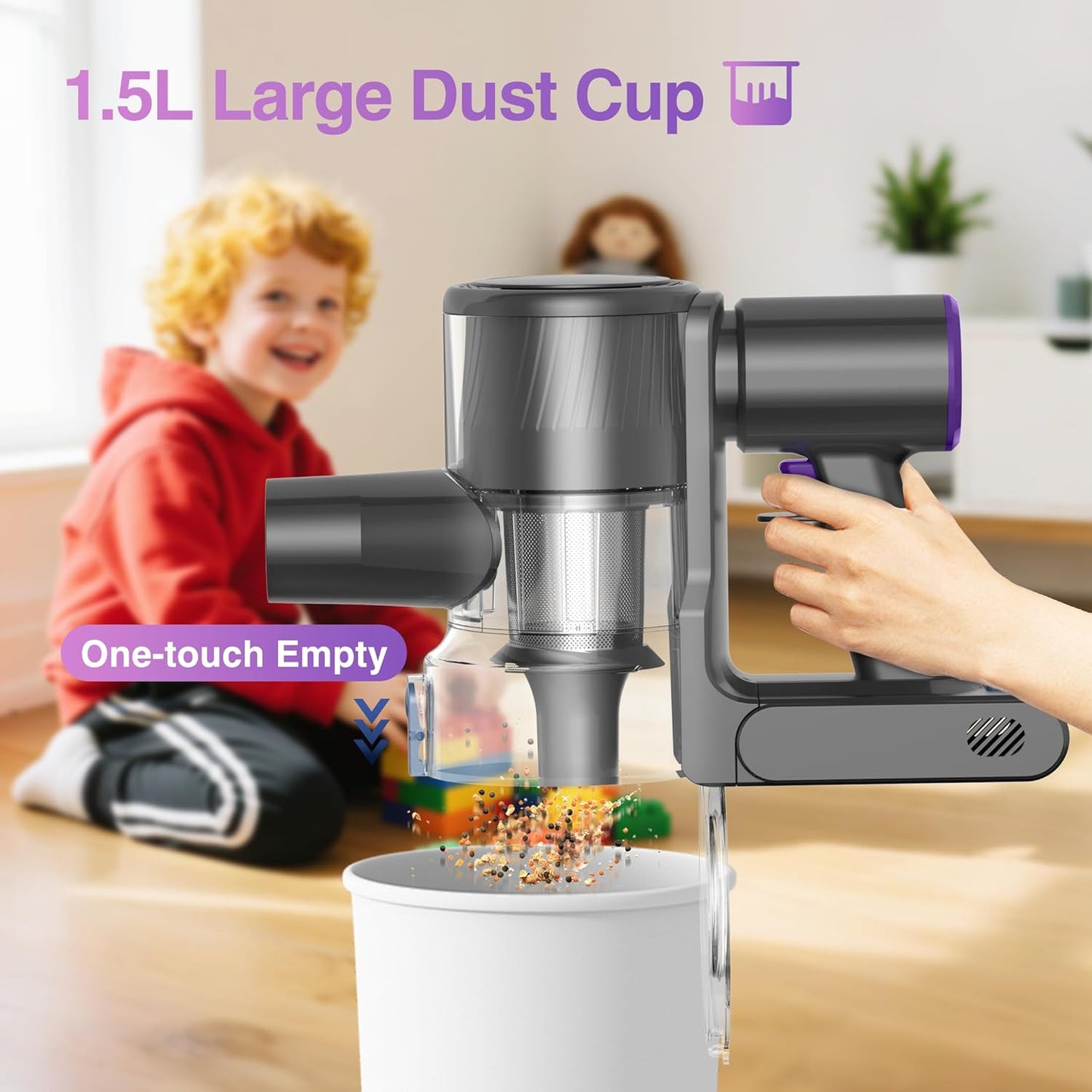 Zefiro Cordless Vacuum Cleaner - 450W Powerful Suction, 50Mins Runtime, 1.5L Dust Cup | Ideal for Pet Hair & Carpets