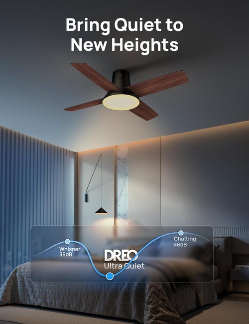 Dreo Ceiling Fan - 44 Inch Low Profile with Lights & Remote | Quiet Reversible Motor, 6-Speed, Dimmable LED
