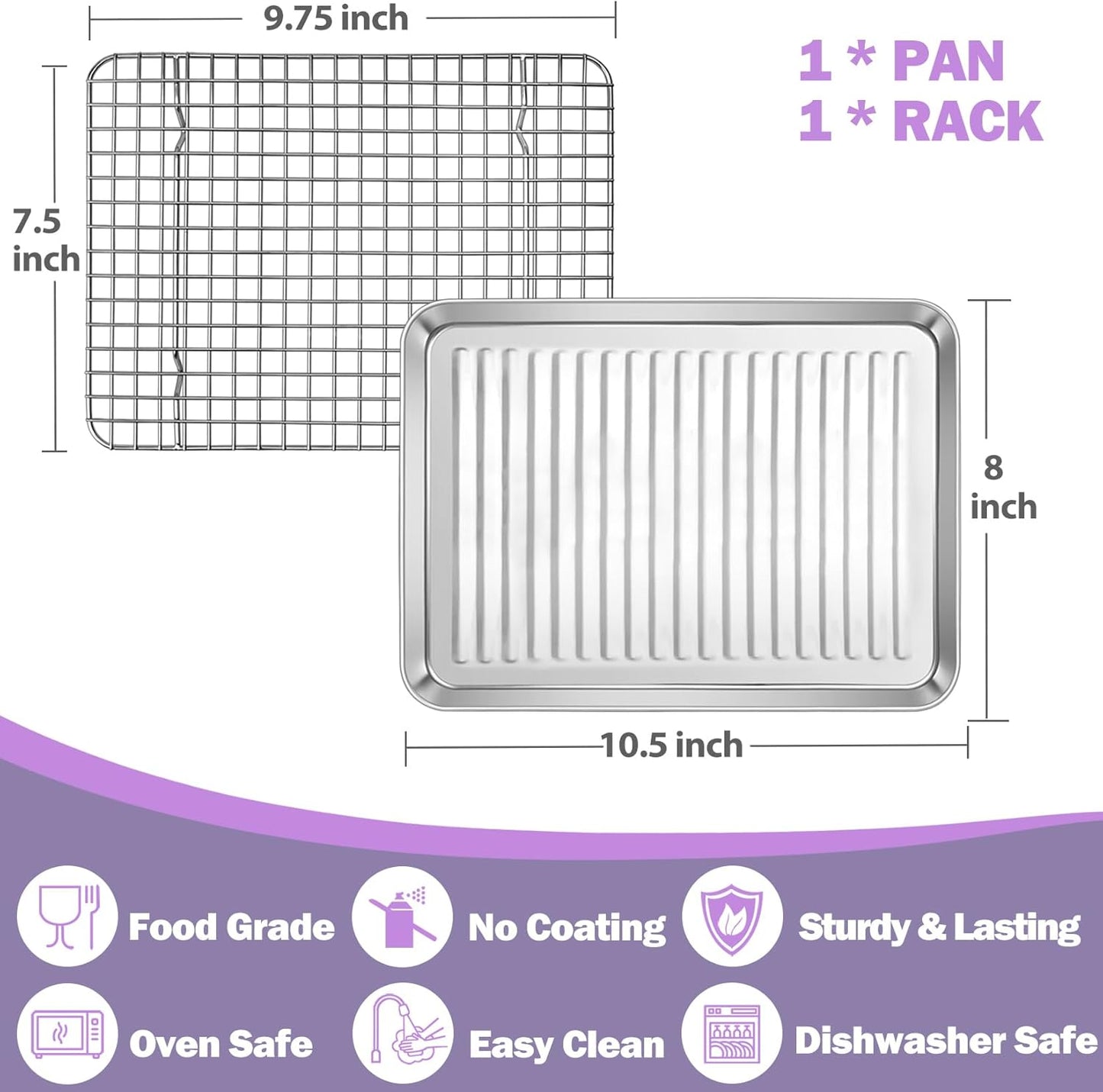 P&P CHEF Baking Oven Pan - Stainless Steel Sheet Tray with Wire Rack | Dishwasher Safe, 10.5 x 8 x 1 Inch