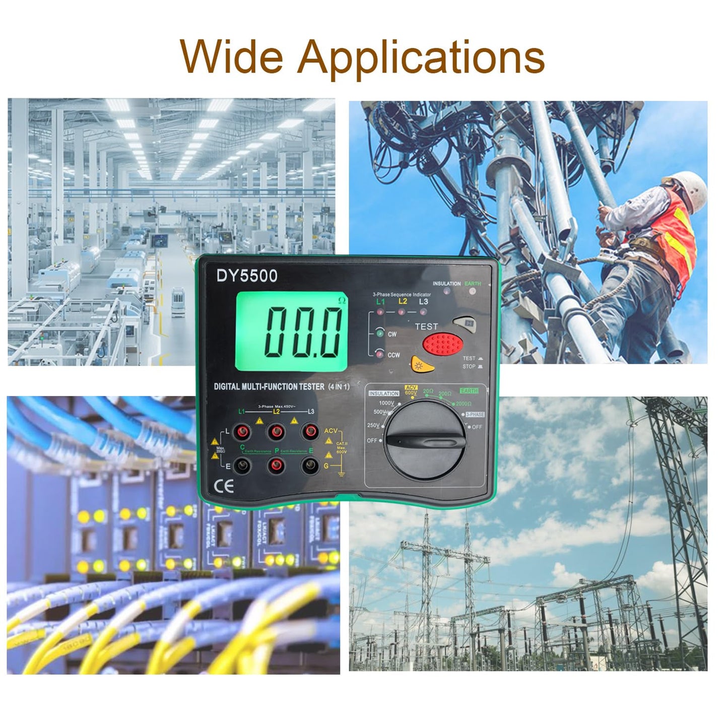 Vanlison 4-in-1 Digital Multimeter with Ground Earth Resistance Tester, Insulation Resistance Tester, Phase Sequence Detector & Voltmeter - 0.01Ω Resolution 600V AC/DC Voltage Measurement Auto-Ranging