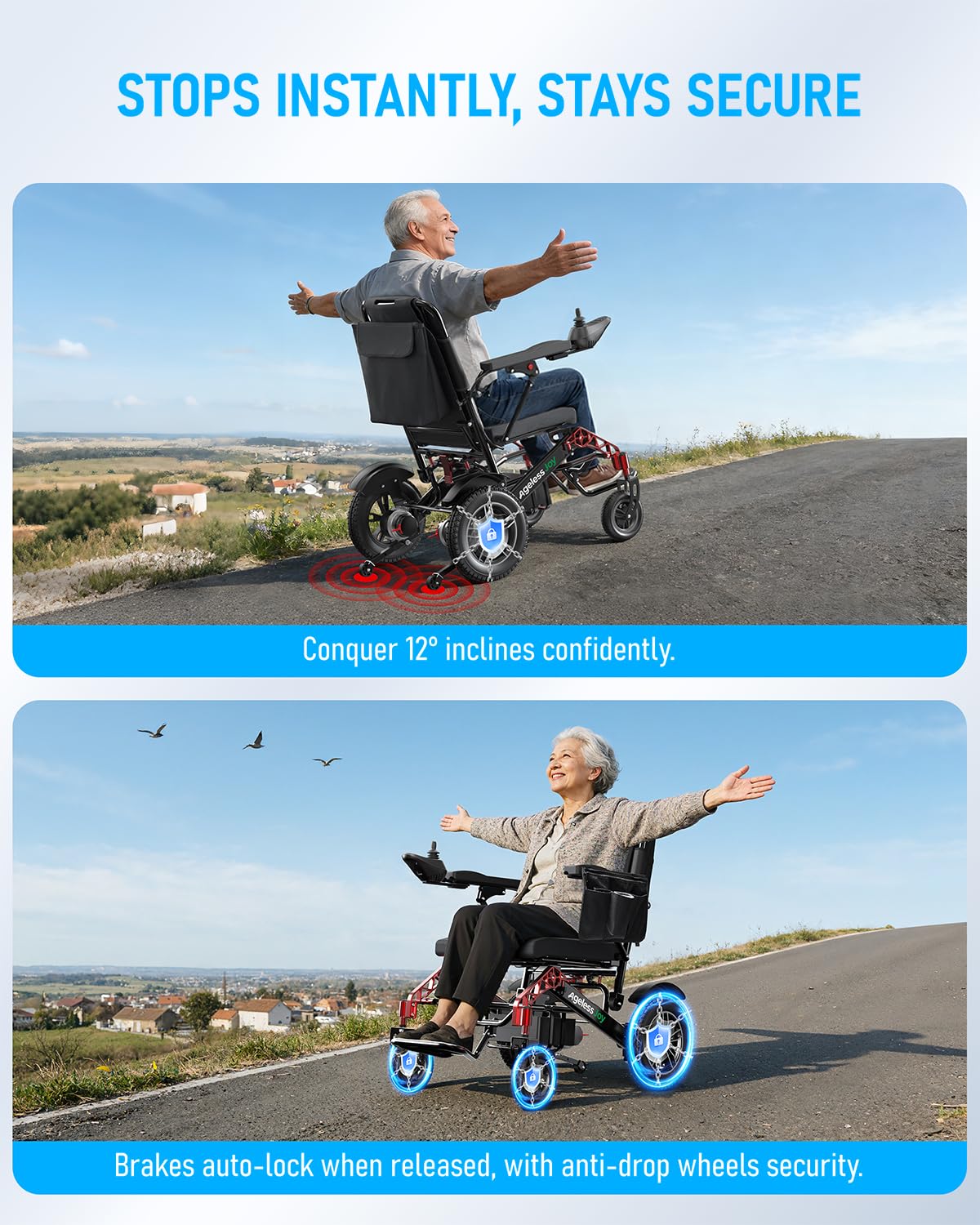 AGELESSJOY Electric Wheelchairs for Adults & Seniors, 15 Miles Range All-Terrain Foldable Portable Power Motorized Wheelchair with 500W Motors, Airline Approved 350 lbs Capacity, Red