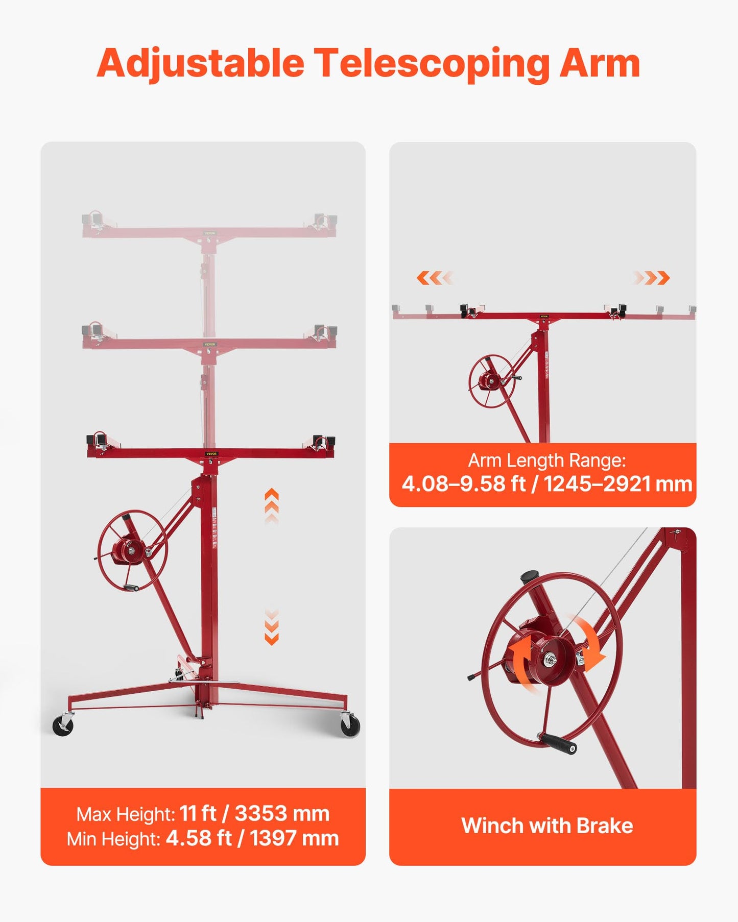 VEVOR 11ft Drywall Lift, Heavy-Duty 150 lbs Sheetrock Hoist with Adjustable Telescoping Arm, Lockable Wheels, Drywall Lifter Panel Jack Hoist Tools Ideal for Ceiling & Wall Installation (Red)