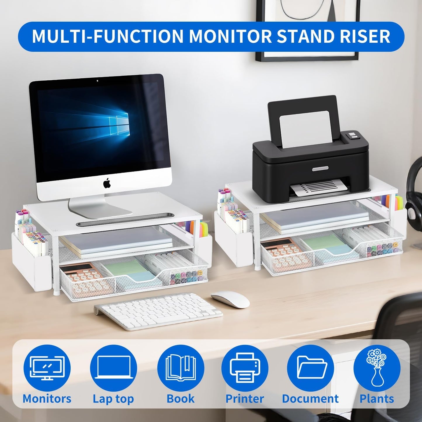 2-Tier AUPSEN White Monitor Stand Riser, Wood Computer Desk Organizer with Drawer, Pen Storage & Phone Holder, Office