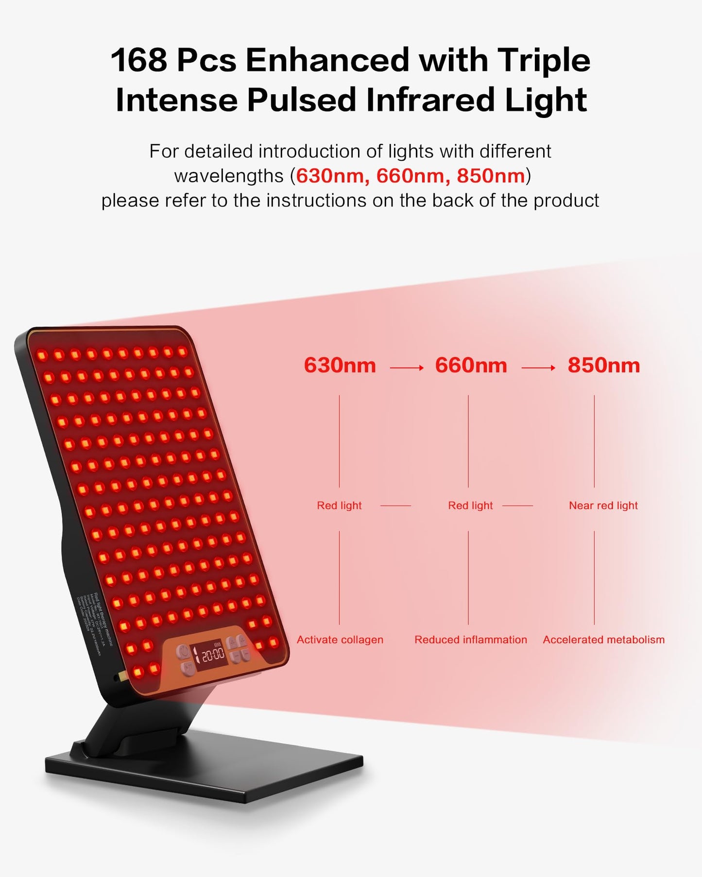 POOKIEGSSRedLight Therapy, Rechargeable InfraredRed Lamp with Triple Chip138LEDs, Adjustable Red Light 630/660 / 850nmDevice with Safety Glasses for Home Office Travel