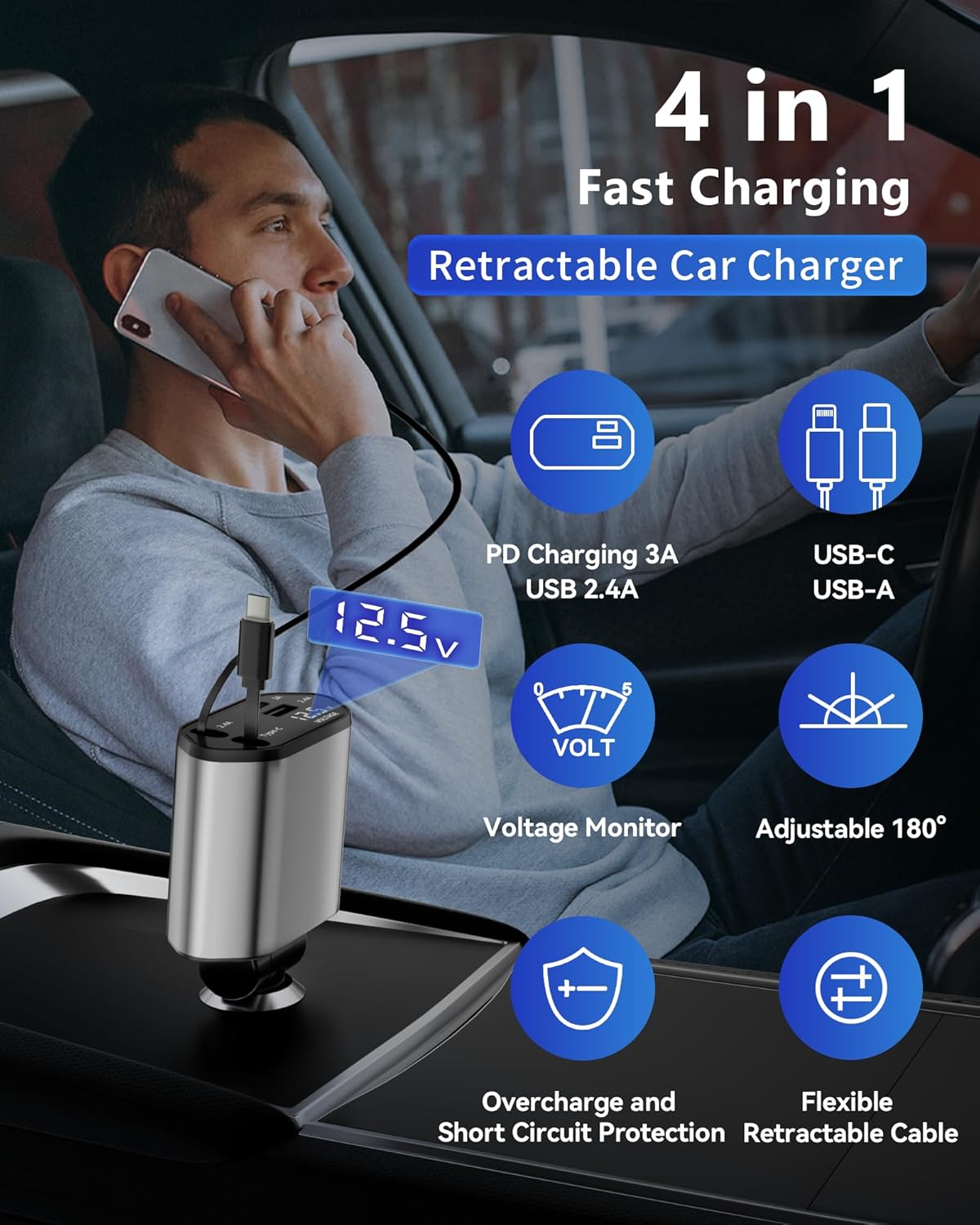BERTHALESS 4 1 16/15/14/13/12/11/X,Galaxy,Pixel Retractable Car Charger, in Fast Charging Car Charger USB-C & USB-A
