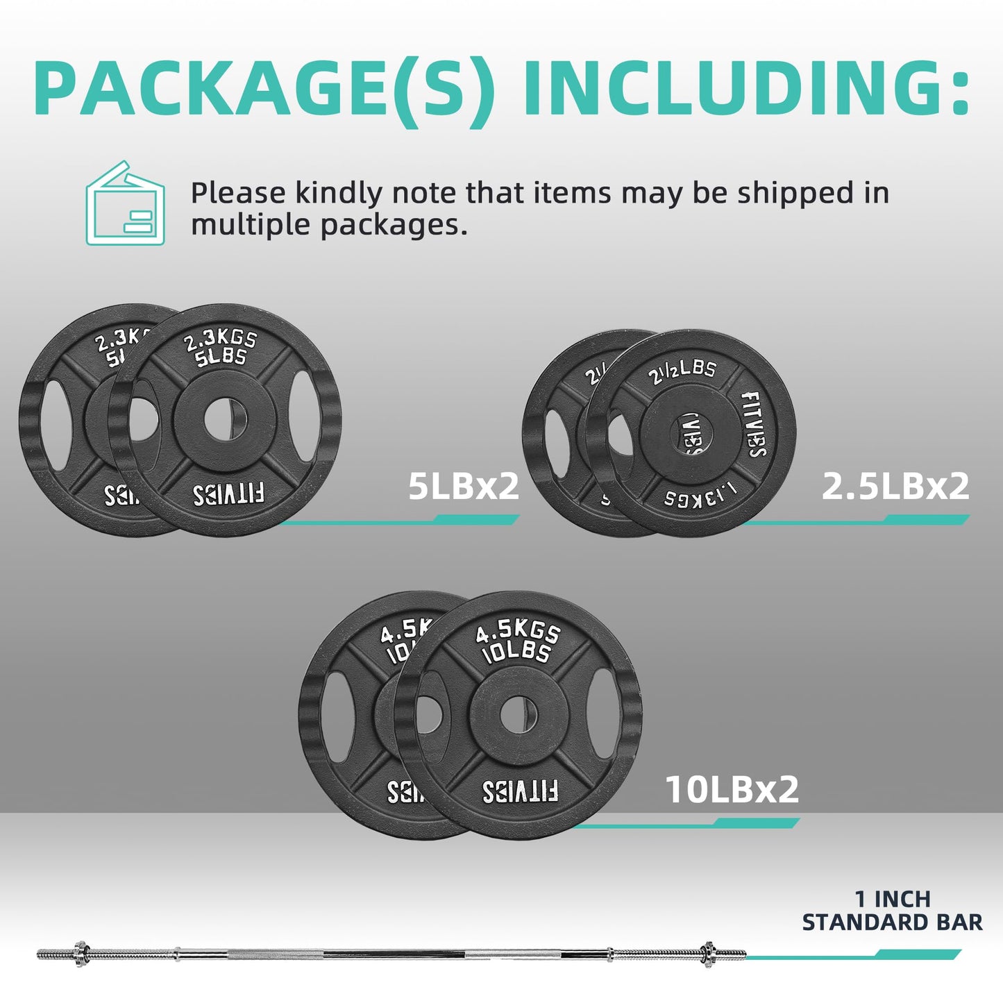 Fitvids 1 Inch Standard Barbell Weight Plates and Bar Set, 5 FT Barbell Bar and 35 LB(2.5-10 LB) Barbell Weight Set for Home Gym Strength Training, Double-grip Design