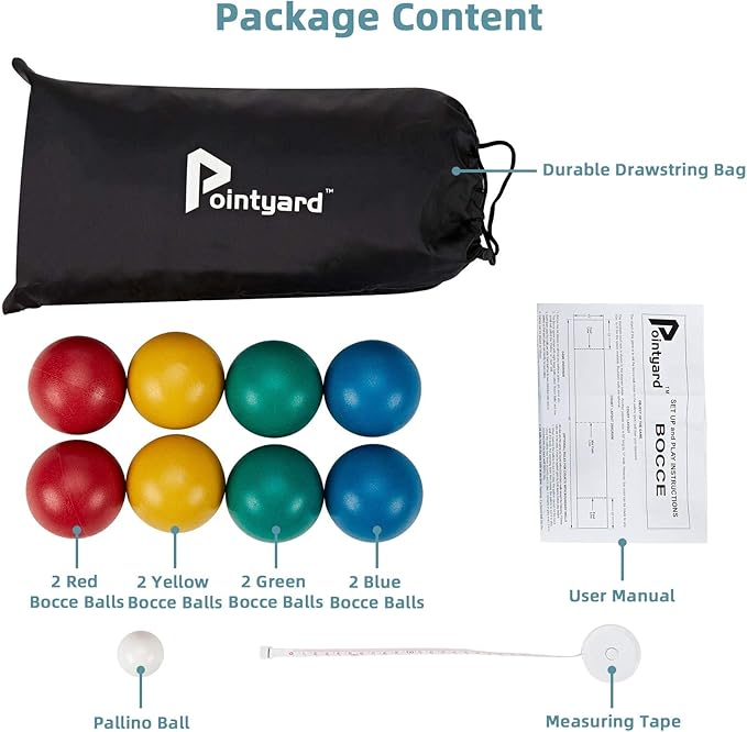 Pointyard 84mm Bocce Ball Set, Outdoor Games for Adults and Family, Backyard Ball Set with 8 PE Bocce Balls & 1 Pallino & Carry Bag & Measuring Tape for Teens Beginners