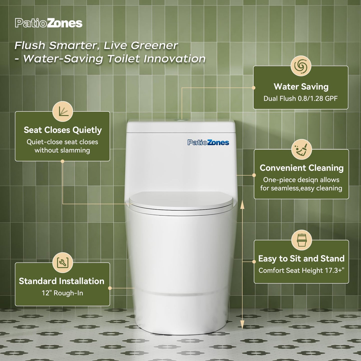One Piece Elongated Toilet with 17.3" ADA Comfort Height and Soft-Closing Seat, Poweful Dual Flush 0.8/1.28 GPF, 12'' Rough-In Standard Toilet for Bathroom, Ceramic Nano-Glazed Surface, Full Skirted