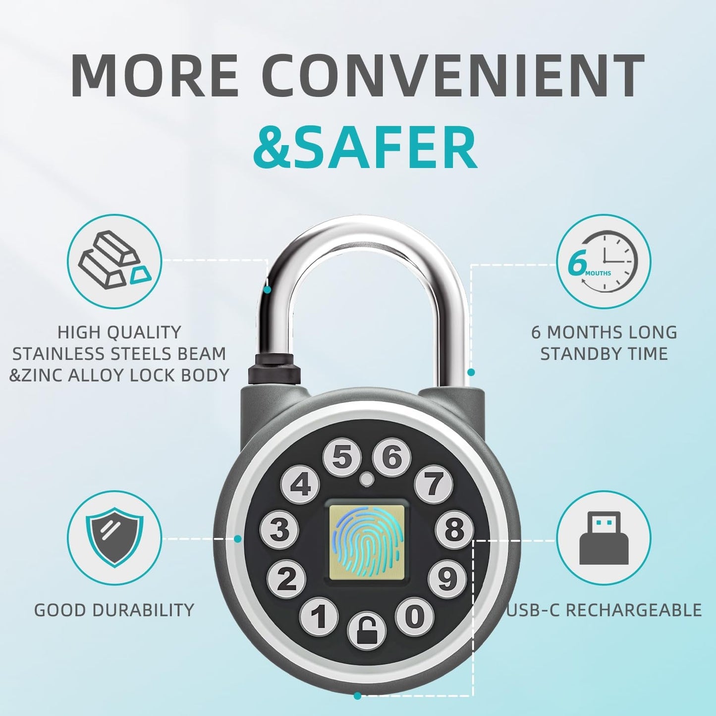 SFW Fingerprint Padlock, Bluetooth Pad Locks with Code, Water Resistant Smart Padlocks with Mobile App, Suitable for Gym, Sports Facilities, Bicycles, Schools, Luggage and Lockers