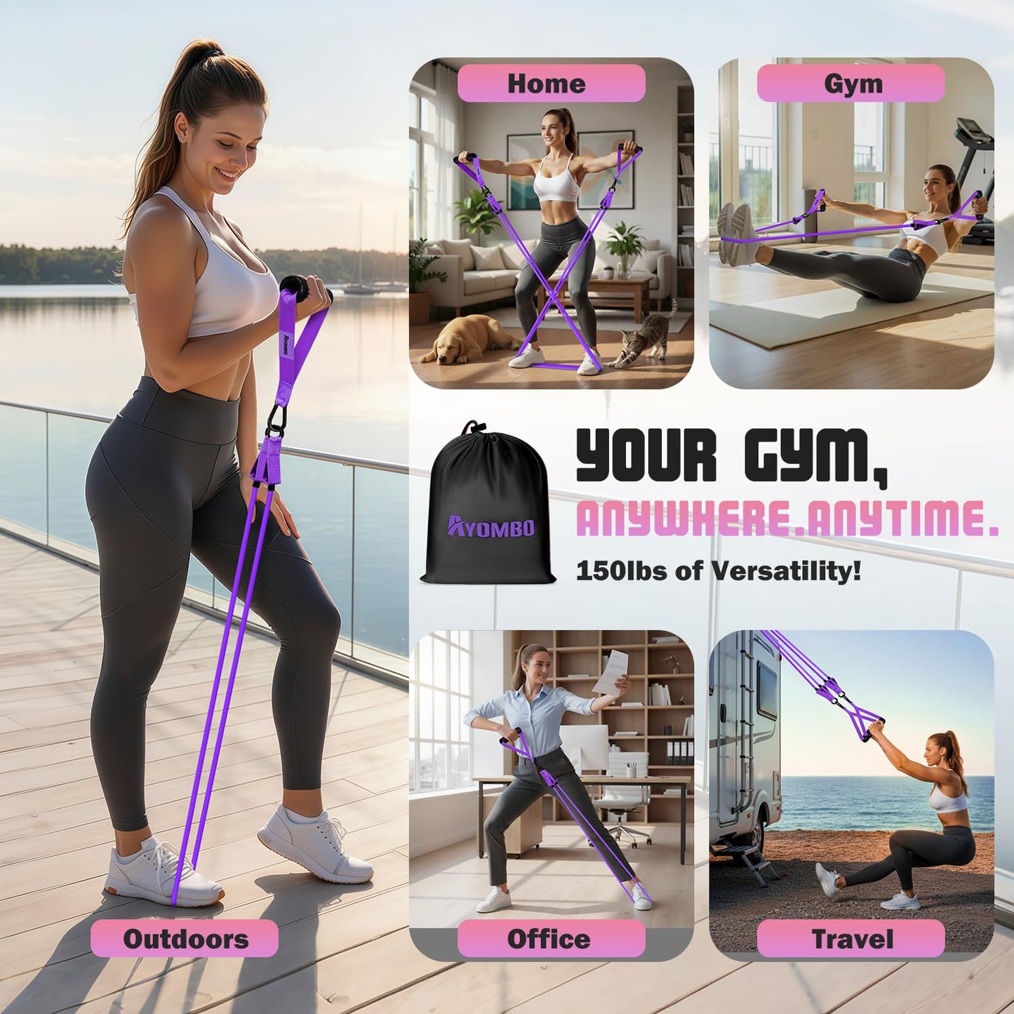 Ayombo Resistance Bands with Handles for Women, 150LBS Exercise Bands Set for Physical Therapy Yoga Pilates, 5 Level Workout Bands for Working Out with Door Anchor, Home Gym Fitness Equipment