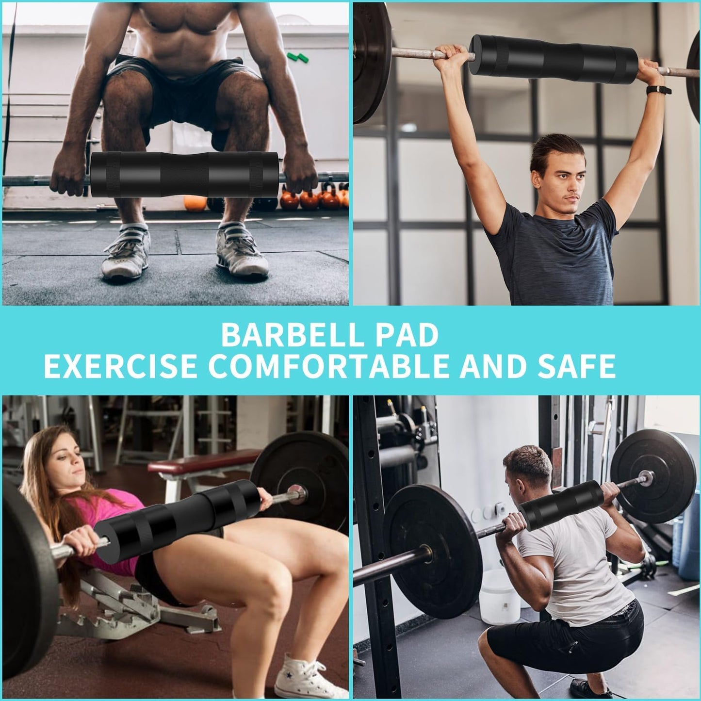 10 PCS Barbell Pad Set for Squat, Hip Thrusts Pad for Squats,Bench Press with Barbell Pad, 2 Gym Ankle Straps,3 Hip Resistance Bands,Lifting Strap,Workout Poster Gym Equipment Accessories（Black）