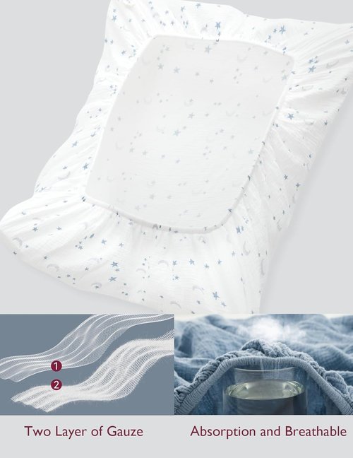 Momcozy Fitted Crib Sheets - Soft Breathable Natural Cotton, 2 Pack, 52"x28", Blue Star & Moon Design