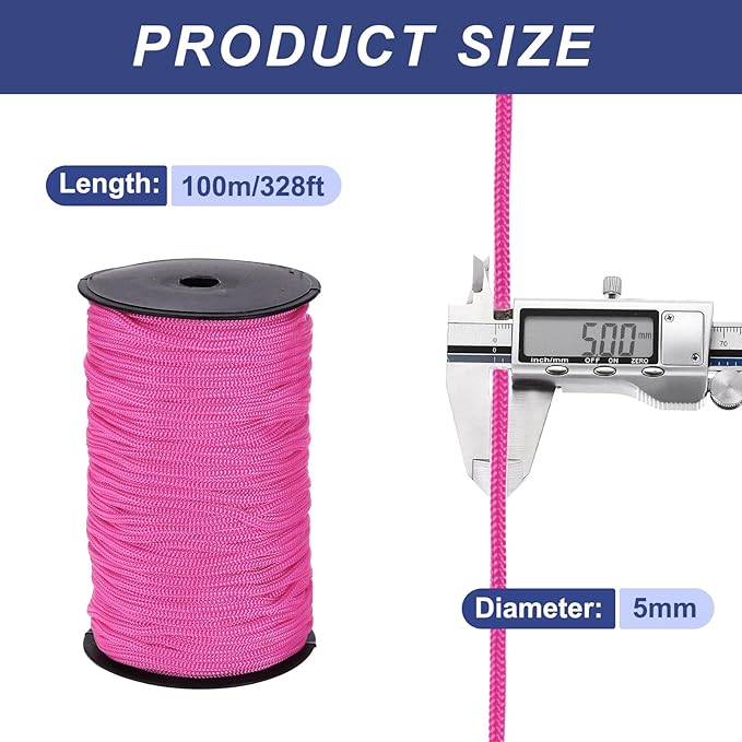 MECCANIXITY 3/16 Inch Polypropylene Rope Braided Ropes, 328ft Nylon Rope Hollow Utility Cord for Clothesline, Camping, Hiking, Outdoor, Dark Pink