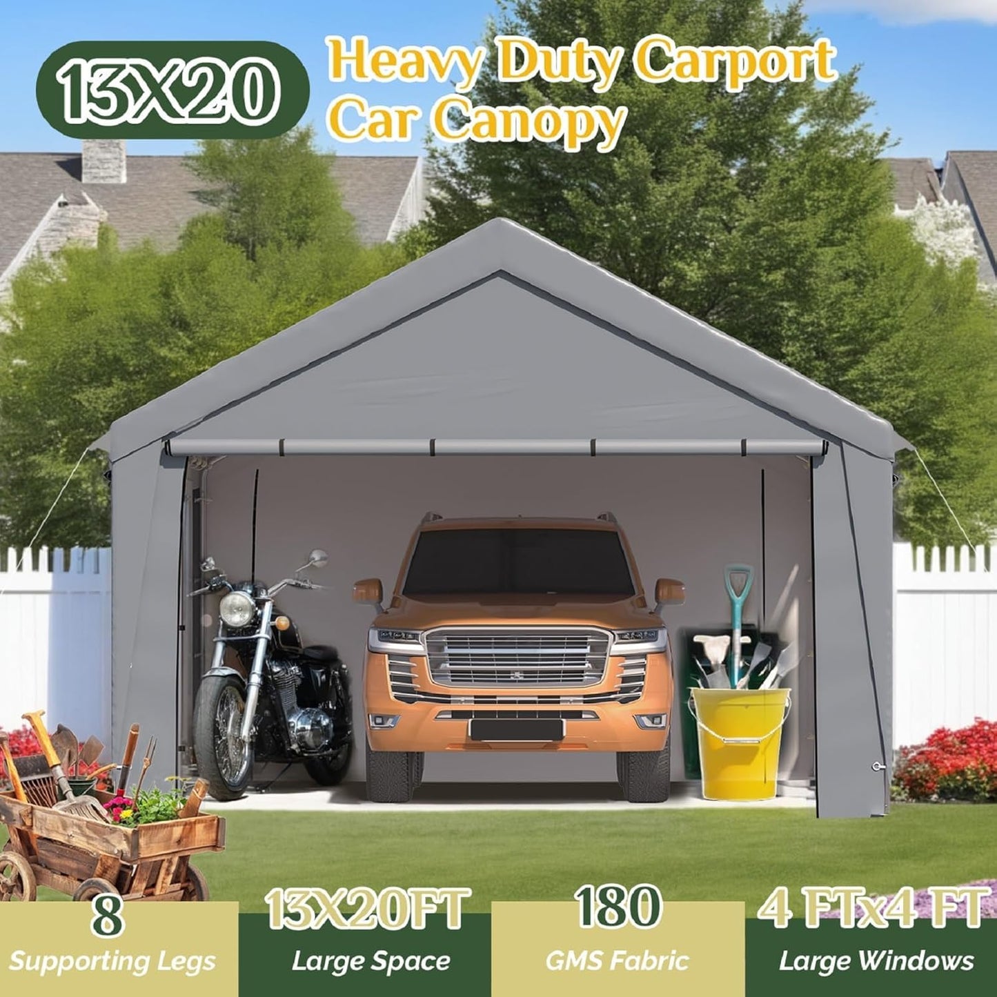 EROMMY 13x20FT Heavy Duty Carport, Portable Garage Shelter with Roll-Up Windows, Removable Sidewalls and Doors, Outdoor Storage Canopy for Car, Truck, Boat, RV, Trailer, Outdoor Gray and Inner White