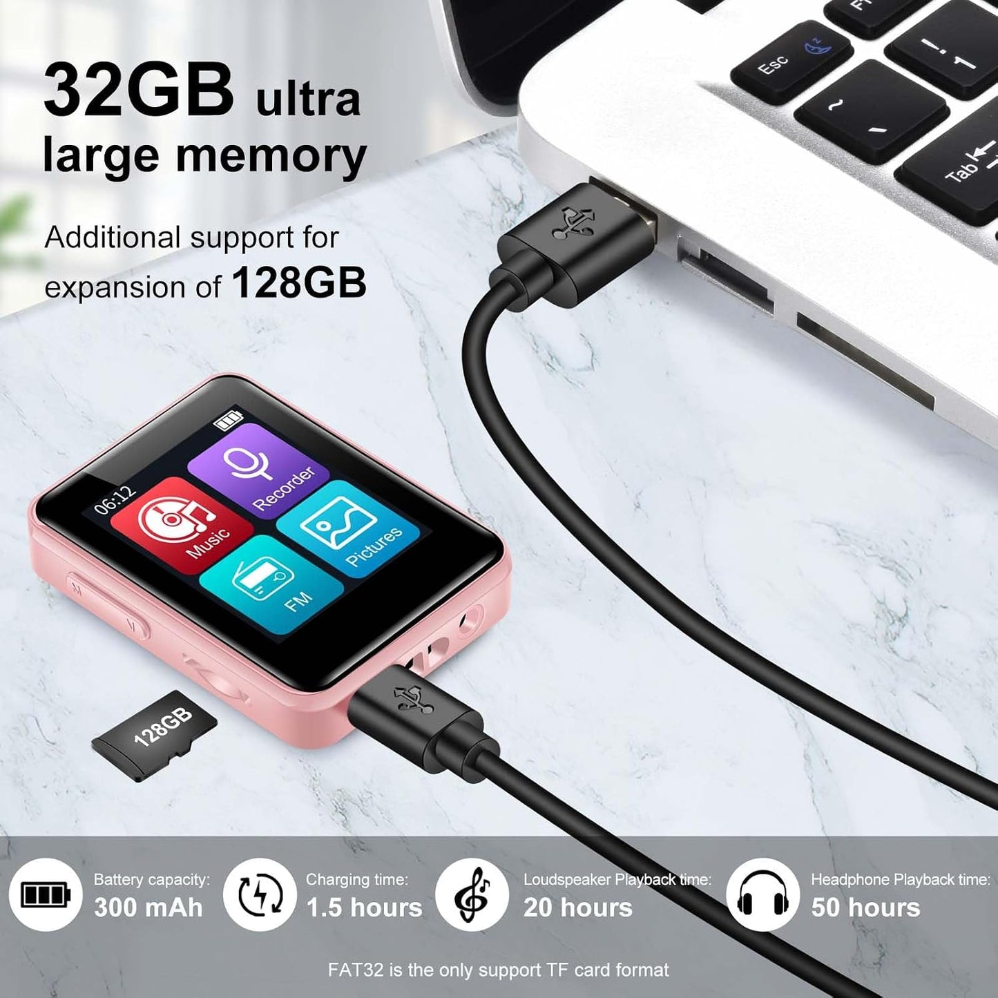 woolynew MP3 1.8 inch 512GB, 32GB Player with Bluetooth, Screen Portable Music Player with Speaker, FM Radio, Recorder