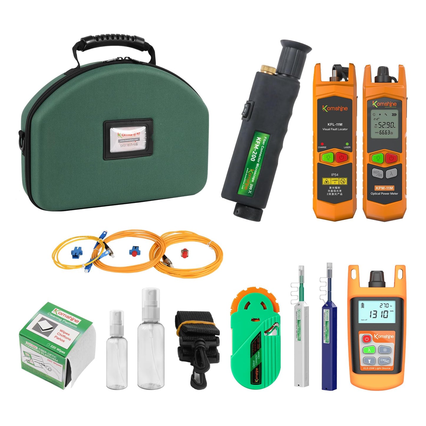 Fiber Optic Cleaver Automatic Stability FC-30 Cutter + KomShine Optical Fiber Loss Tool Kit KLT-15D FTTH 200X Magnification Microscope + OPM OLS V-FL + Cassette Cleaners, Cleaning Pens 1.25 2.5mm