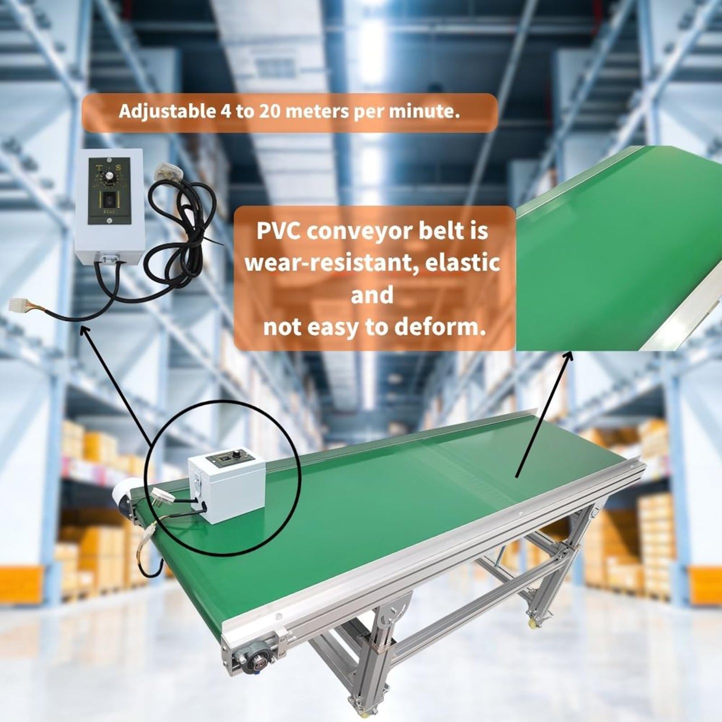 Yokoma PVC Conveyor Machine Belt Adjustable Speed Flat Conveyor Belt Systems on Wheels 70.9inch*19.7inch Aluminum 120W 110V Green