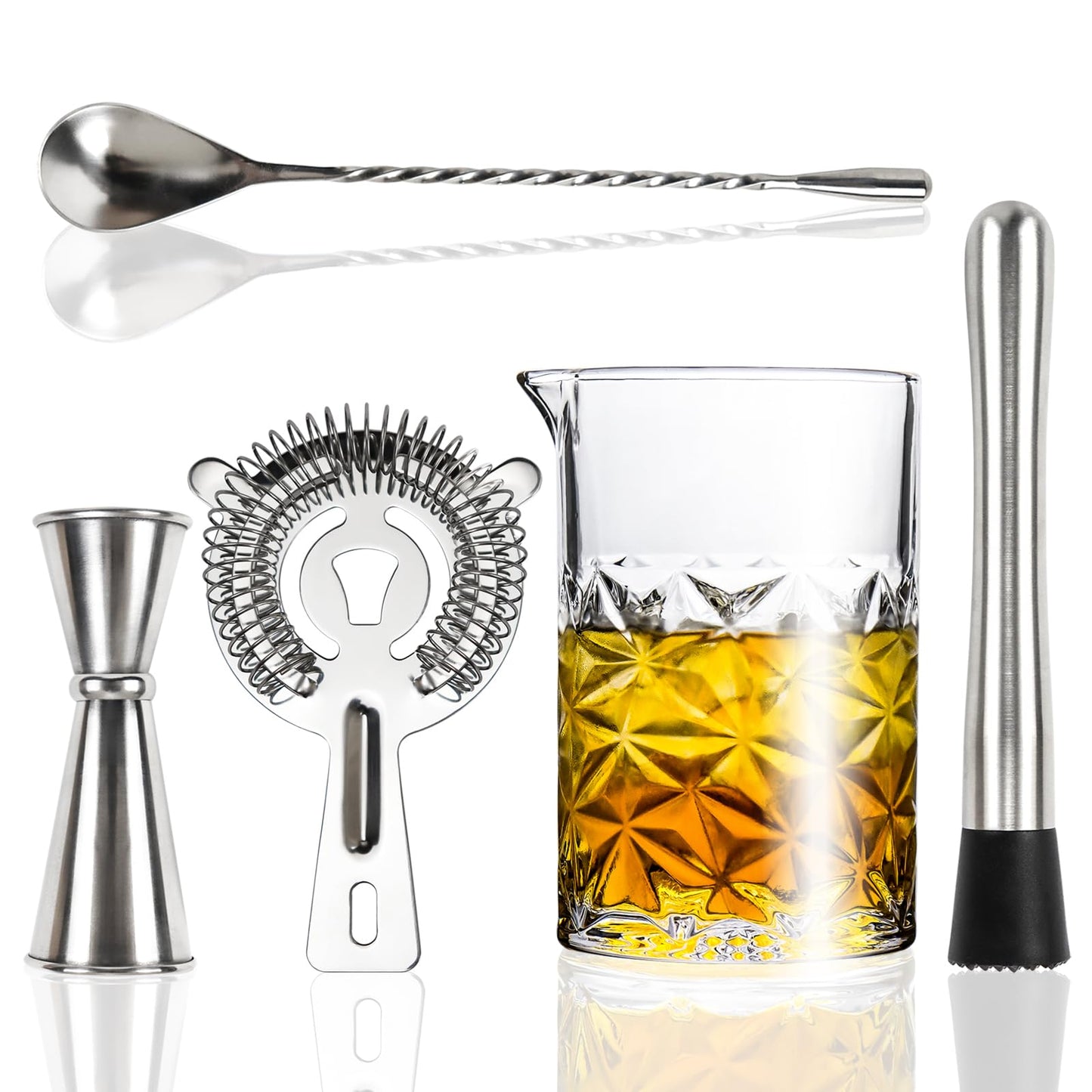 Cocktail Mixing Glass Kit, 24 OZ Crystal Stirring Glass with Stainless Steel Bar Tools – 2 OZ 1 OZ Jigger, Muddler, Strainer, Spoon, Recipe – Bartender Gifts for Men, Elegant Barware for Home & Party