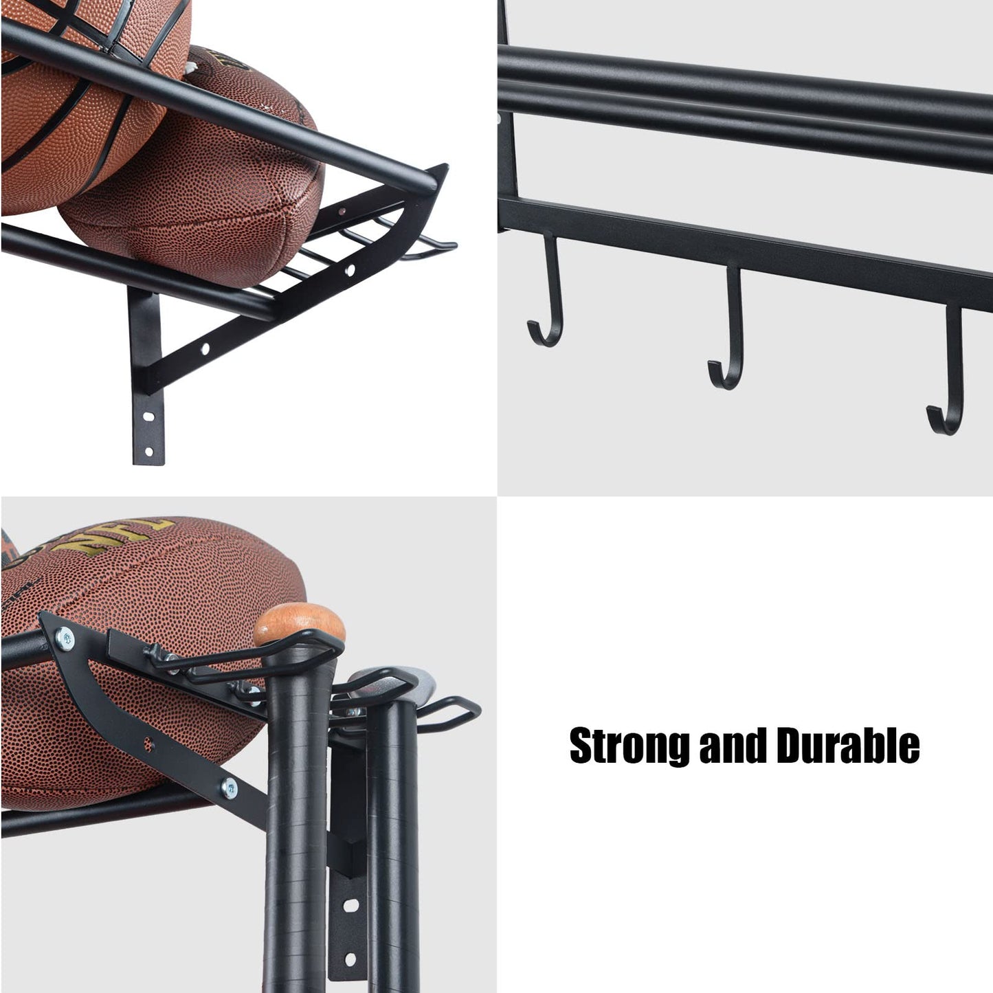 XCSOURCE Sports Equipment Organizer, 3-Tier Ball Storage Rack with Bat & Racket Holders, Wall Mounted Garage Sports Gear Storage Shelf with 4 Hooks for Balls, Helmets & Accessories (Glossy Black)