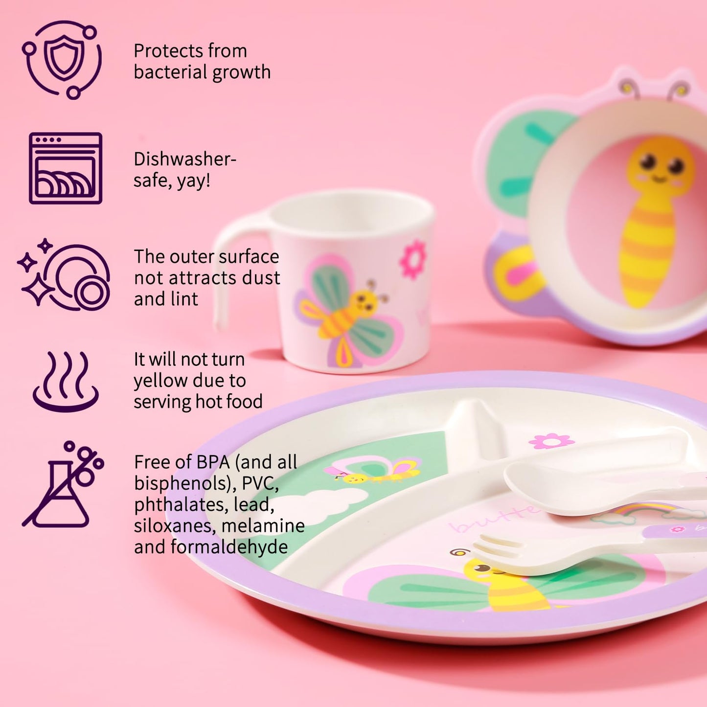 PHEENOWL Kids Dinnerware Set, Includes Toddler Plate Bowl Tumbler and Utensils, BPA Free Bamboo Fiber Material Perfect for Little Girls (Purple - Butterfly Theme)