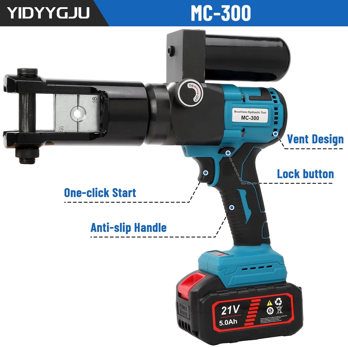 Hydraulic Crimping Tool 80KN Battery Powered 21V 5Ah Lithium-Ion 360° Rotating Head 3-6 Sec Fast Crimping 16-300mm² Copper/Aluminum 6AWG-600MCM with 2 Batteries & Storage Box