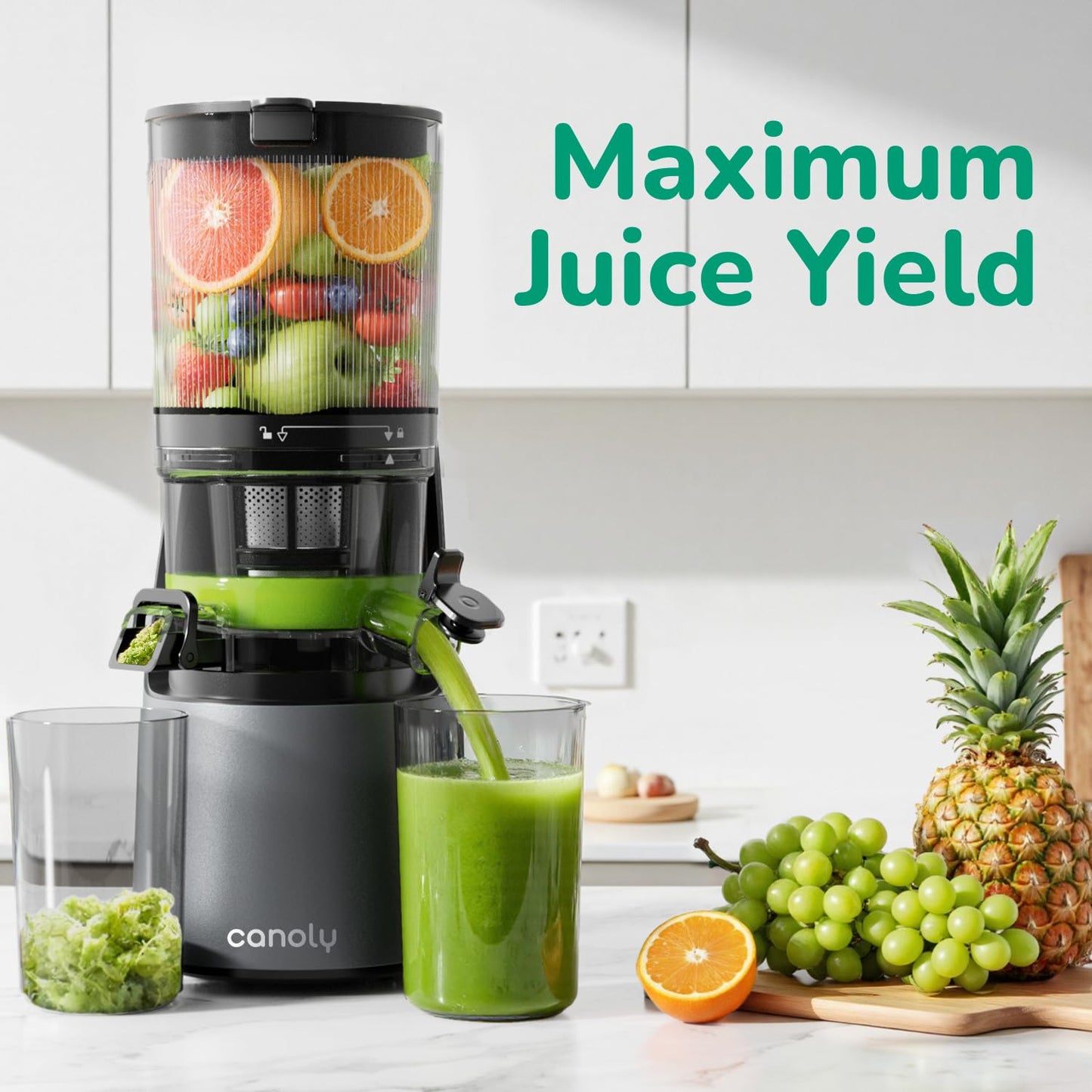Canoly C16 Cold Press Juicer, 6" Extra Wide Feed Chute, 3-IN-1 Strainers (Juice & Sorbet & Nut Milk), Powerful AC Brushless Motor, Self Precut System, Juicer Machines with BPA-Free (Space Gray)