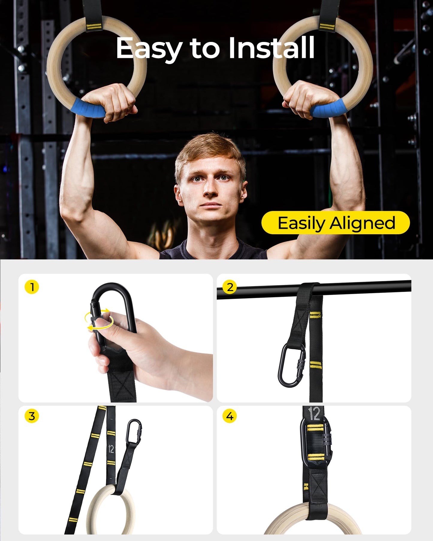 PACEARTH Gymnastics Rings 32mm Wooden Olympic Rings Support 1500lbs Locked Carabiners 9ft Double-Layer Numbered Straps Non-Slip Gym Rings with Foot Straps Door Anchor for Home Gym Full Body Workout