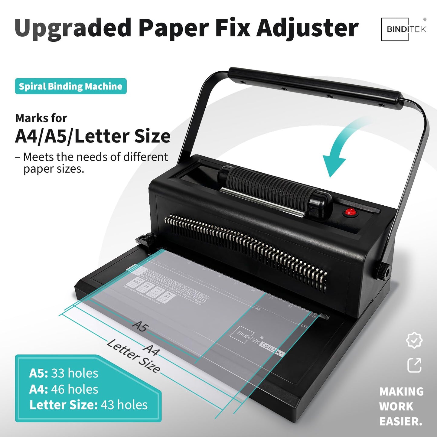 Binditek Spiral Binding Machine, Manual Punch & Electric Coil Inserter, 46 Disengageable Dies, Adjustable Side Margin, with 100 Pack 8Mil PVC Covers, 100 Pack 5/16'' Coils and Plier