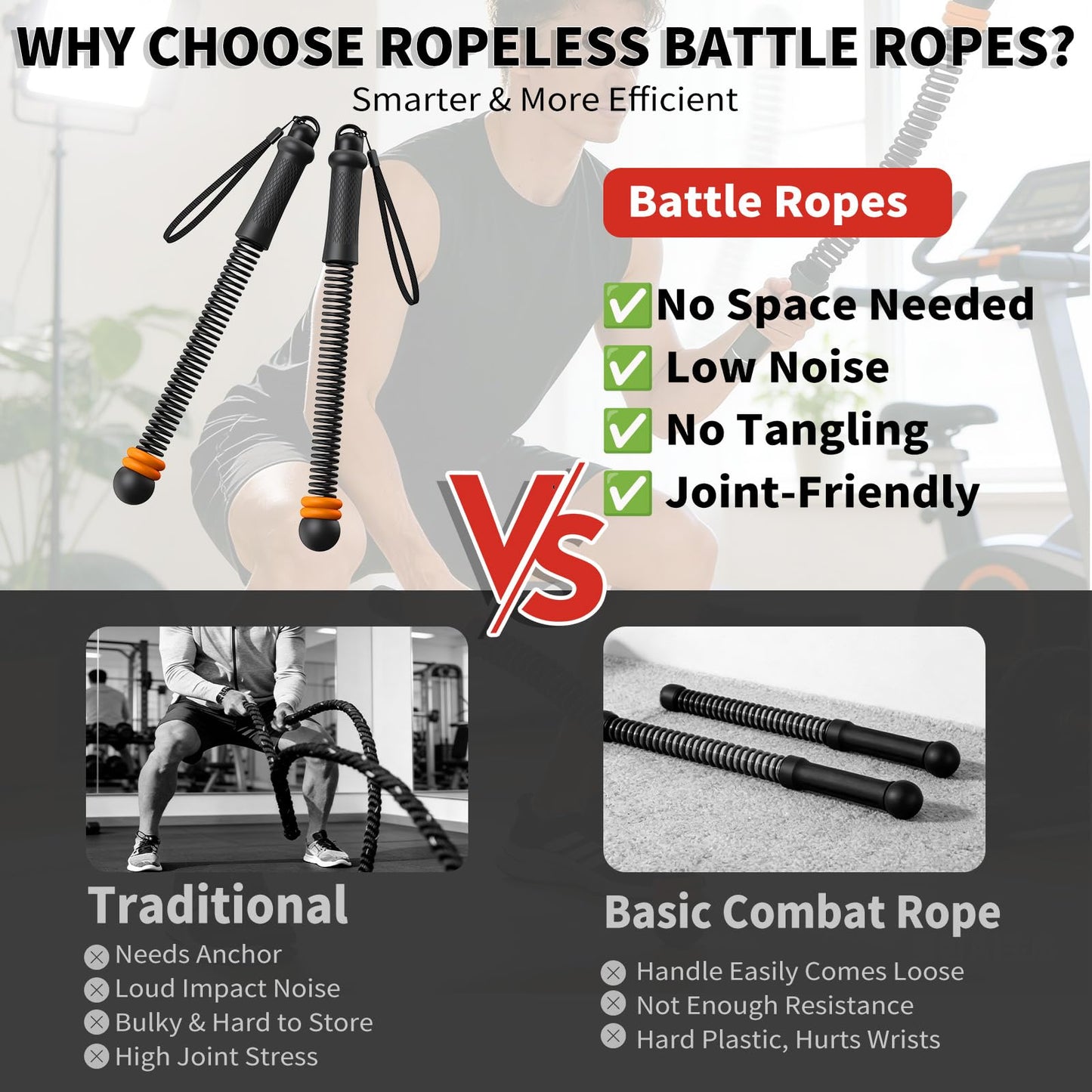 Pinailon Ropeless Battle Ropes, Workout Exercise Rope for Strength Building, Heavy Duty Portable Cordless Battle Ropes for Home Gym, HIIT and Low-Impact Aerobic Training for Men & Women, Black
