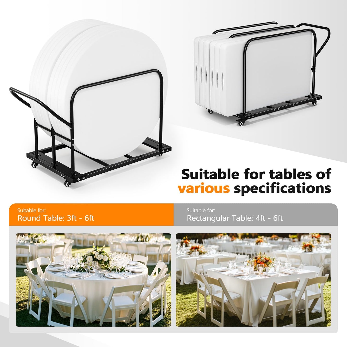 VINGLI Heavy Duty Folding Table Cart, Table Dolly with PU Swivel Wheels, 800 lbs Capacity, Holds Up to 10 Tables for Party Events, Hotels, Factories & Warehouses