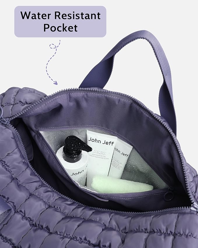 Quilted Duffel Bag for Women, Puffer Gym Duffle Bag with Shoe Compartment Lightweight Large Crossbody Sport Bag Travel Tote Mistviolet