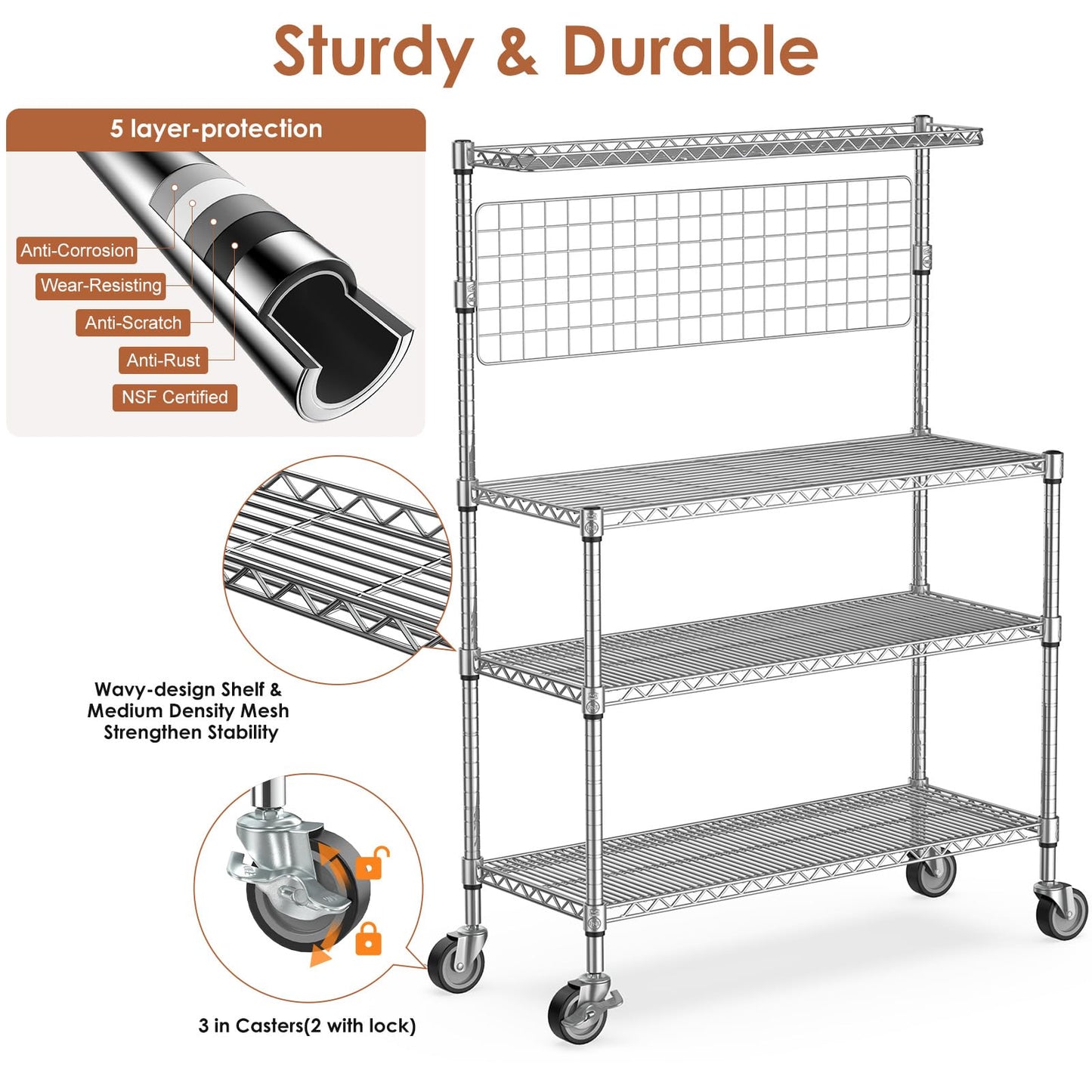 Leteuke Bakers Rack with Storage & Wheels, 42 Inch Microwave Stand Kitchen Shelves, 4-Tier Heavy Duty Storage Rack with 20 S-Hooks, Commercial Metal Utility Kitchen Cart, 42× 18× 63 Inch, Chrome