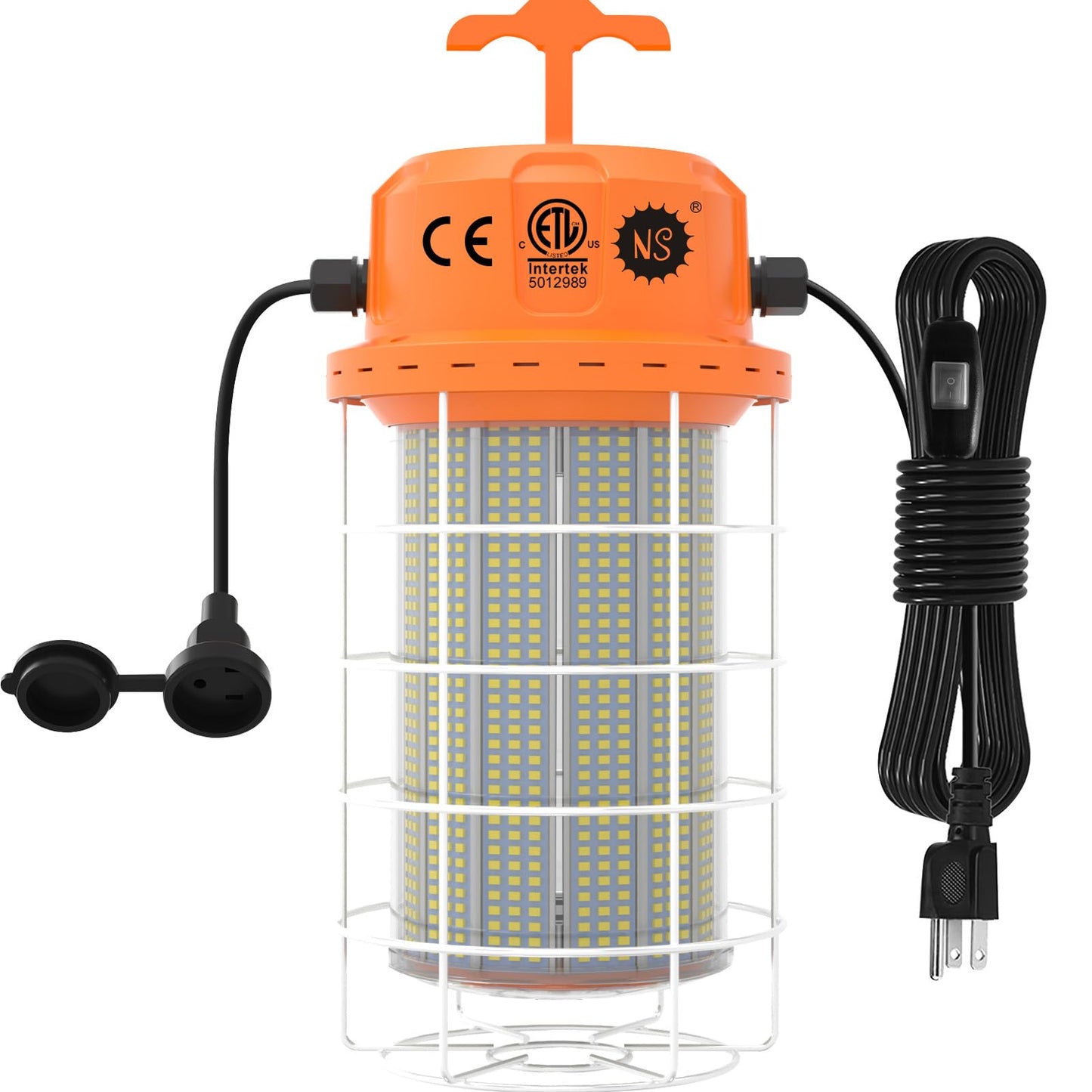 NS LED Temporary Work Light 400W 60000 LM, 5000K Daylight with 16-ft Cord & Hook, Waterproof, Orange - 26-Year Lifespan, 5-Yr Warranty, Chainable up to 20 (1-Pack) Construction JobSite Warehouse