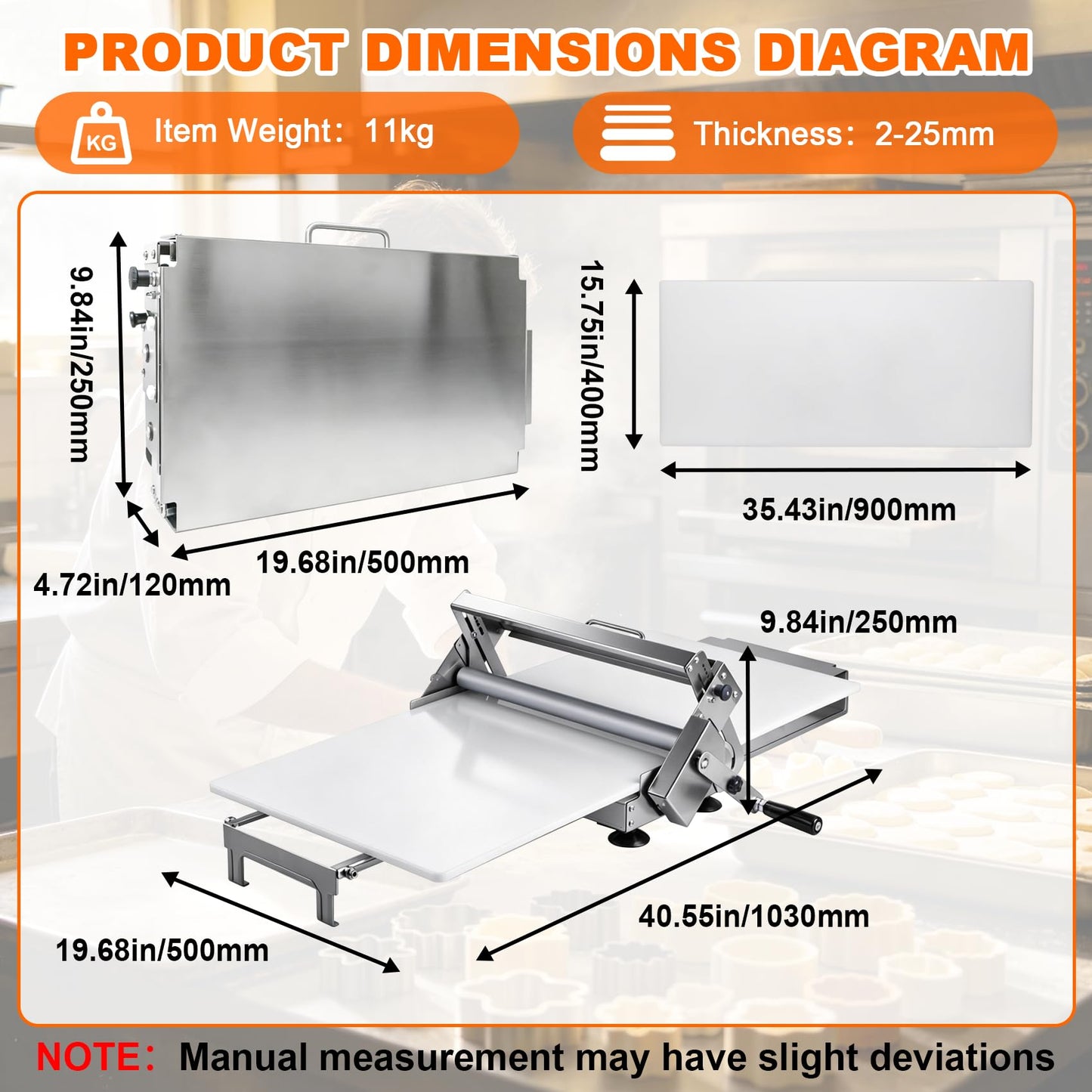 15.5" Folding Dough Sheeter, Manual Dough Roller Machine, Stainless Steel Adjustable Thickness 2-25mm, Countertop Dough Sheeter for Home and Commercial Use