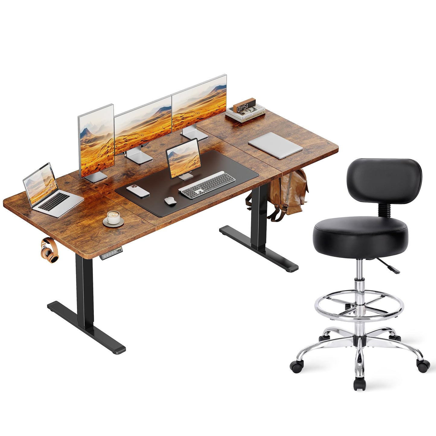 Huuger 61 x 28 Large Electric Standing Desk, Height Adjustable Computer Desk and Drafting Chair with Back Bundle