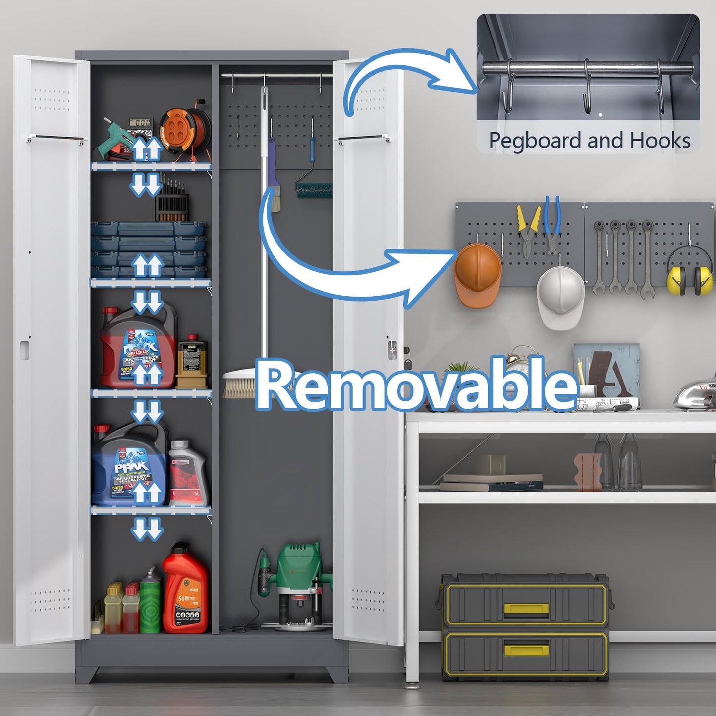 FATIGOS 72.8" H Metal Garage Storage Cabinets with Doors and Shelves, Broom Closet Storage Cabinet, Tool Cabinets with Hanging Rod, Cleaning Storage Cabinets for Garage,Bedroom Office Grey&White