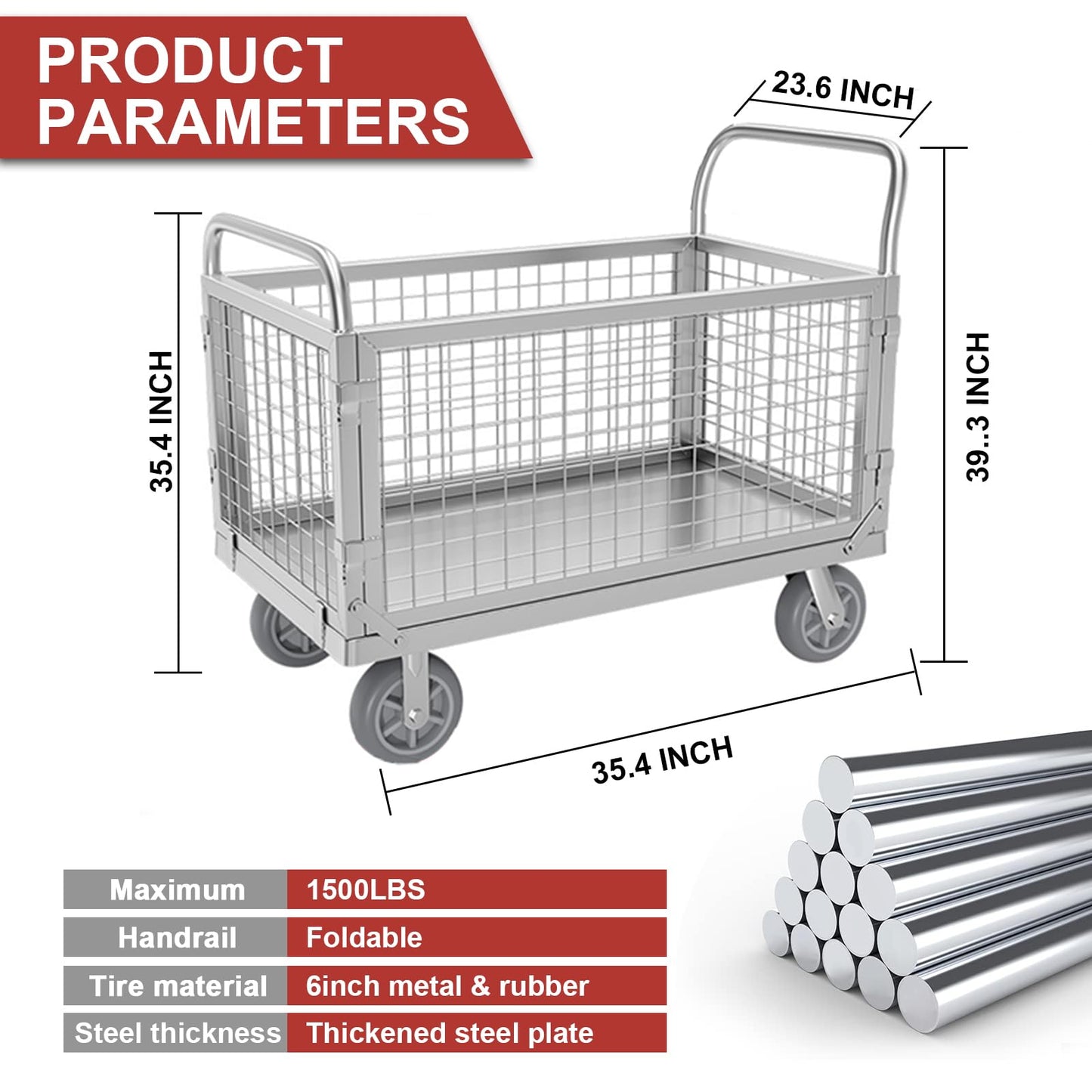 XINFUHUA Folding Platform Truck Cart with Cage, Flat Cart with Wheels and Handle, Flat Bed Dolly Can Load 1500 Pounds, Flat Rolling Cart with 6In Swivel Heavy Duty Brake Caster (35.4 inches in length)